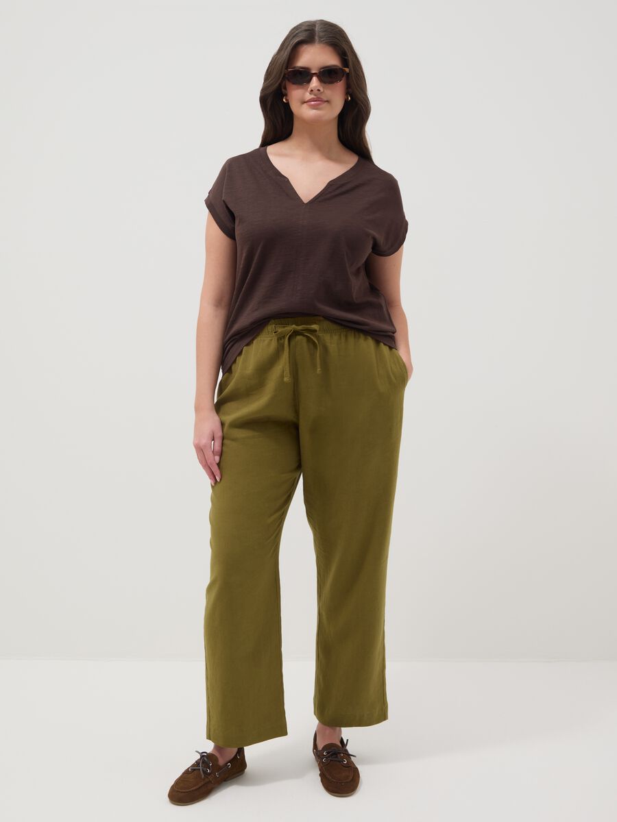 Brown pure cotton V-neck regular fit T-shirt_2