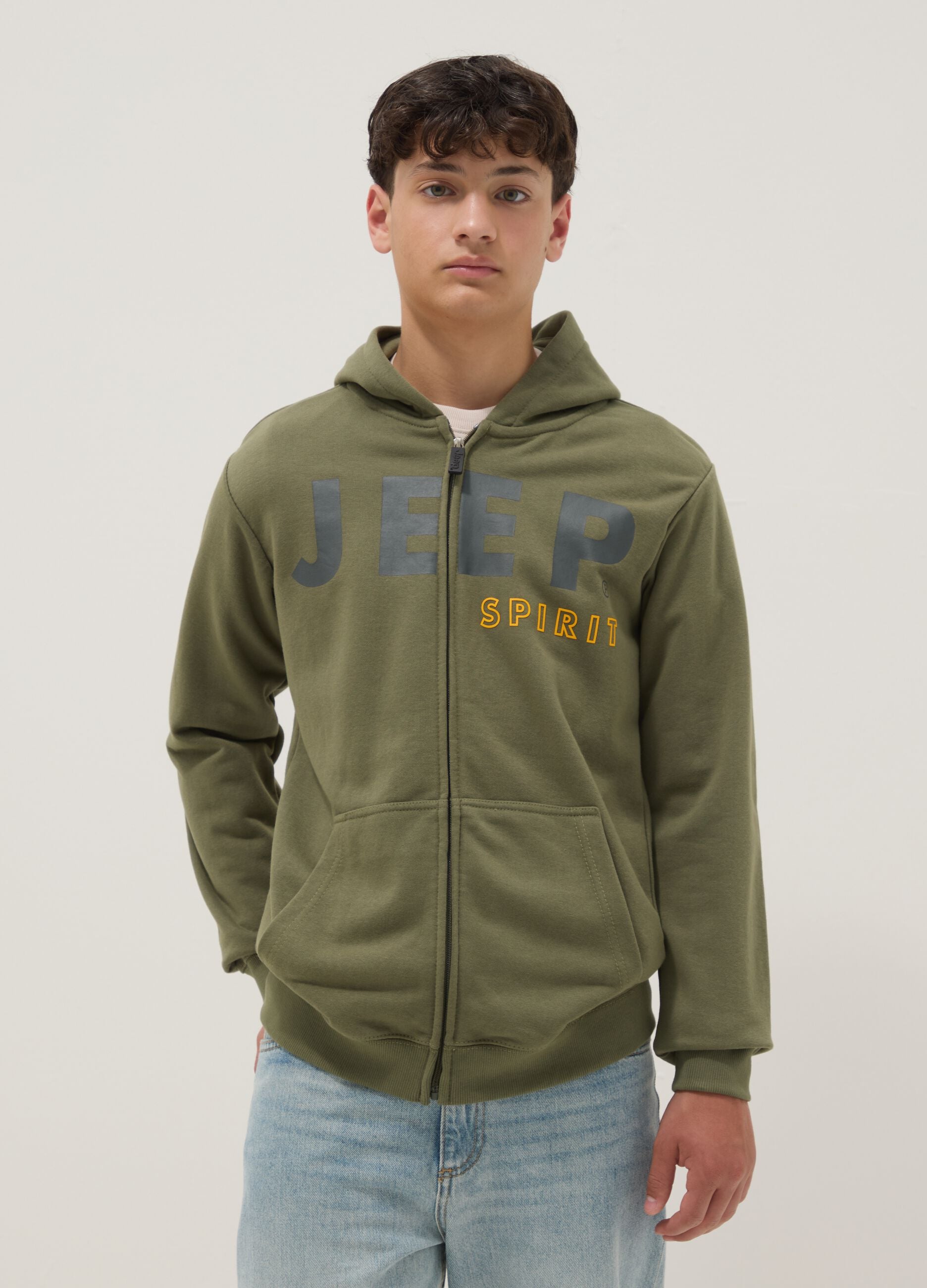 Children's green cotton blend regular fit hoodie with full zip