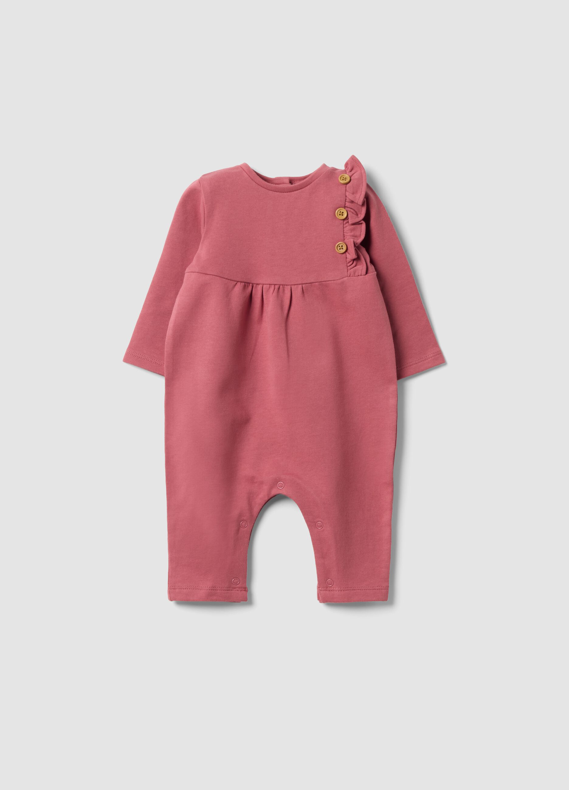 Purple organic cotton ruffle romper for baby girl