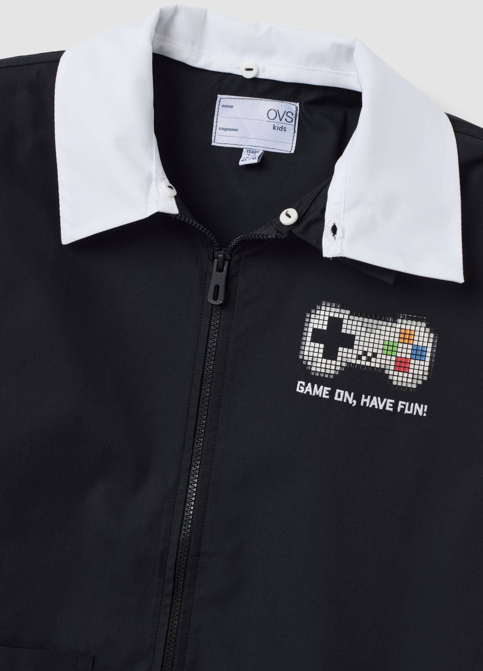 Black school apron with gaming print and white collar for boys