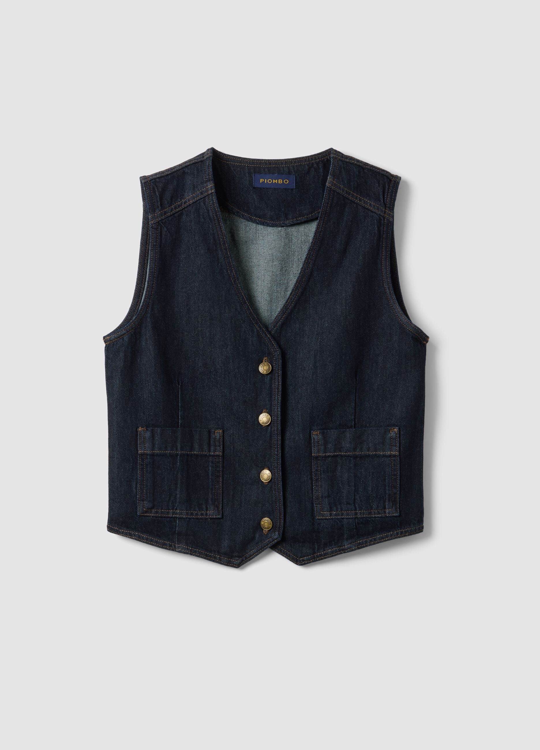 Blue pure cotton denim waistcoat with buttons, regular fit