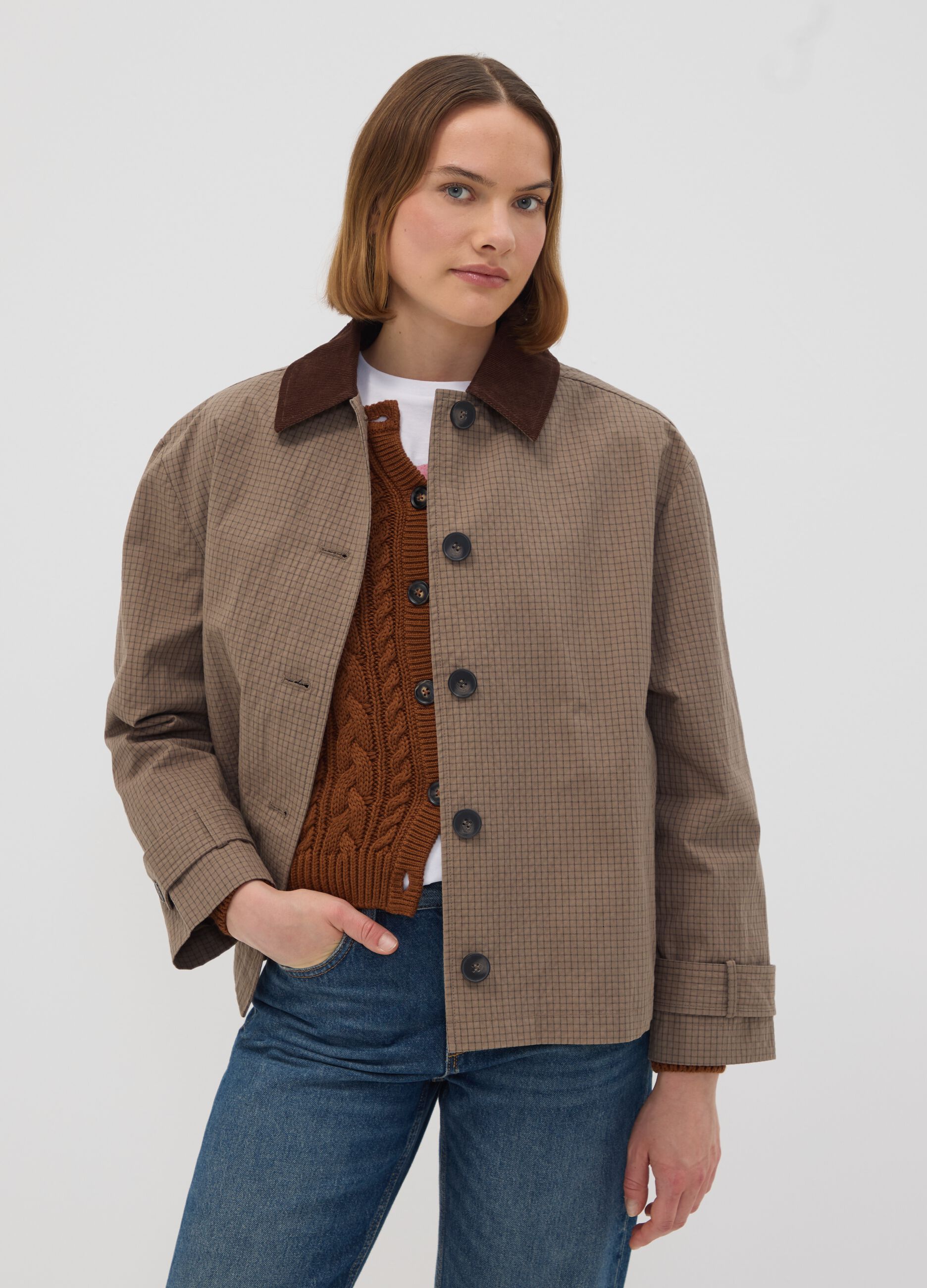 Brown cotton-blend jacket with contrast collar, regular fit