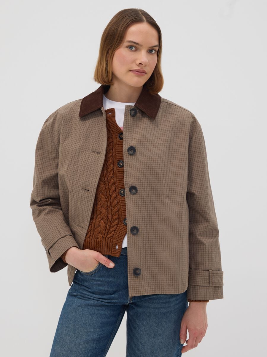 Giacca marrone in misto cotone con colletto a contrasto regular fit_1