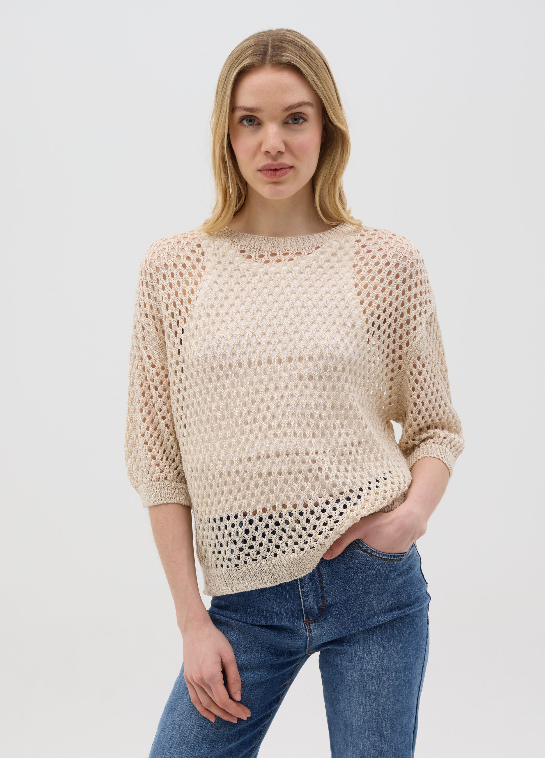 Beige Perforated Hybrid Long Sleeve Top