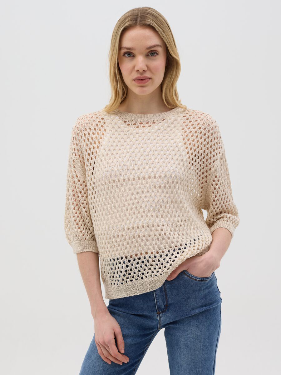 Beige Perforated Hybrid Long Sleeve Top_0