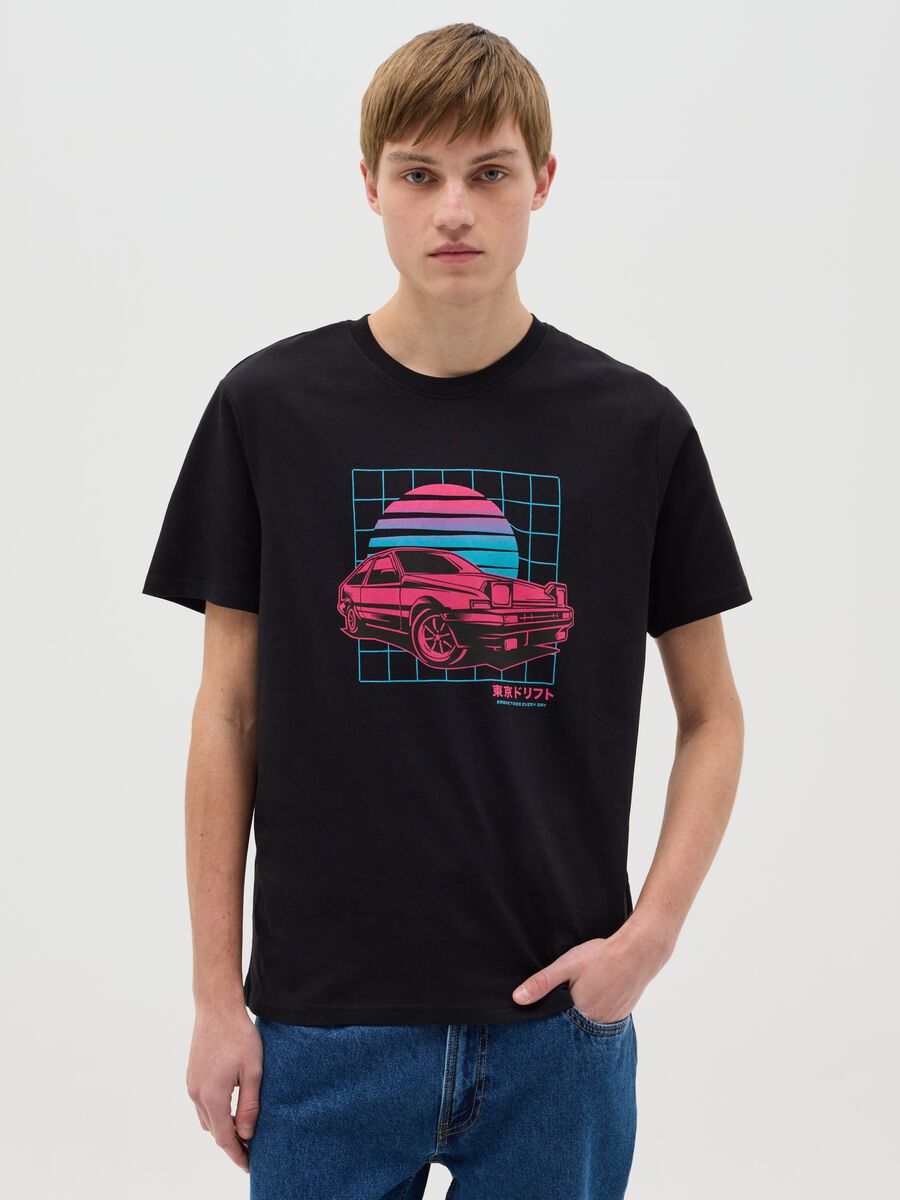 Black cotton T-shirt with racing car print_0