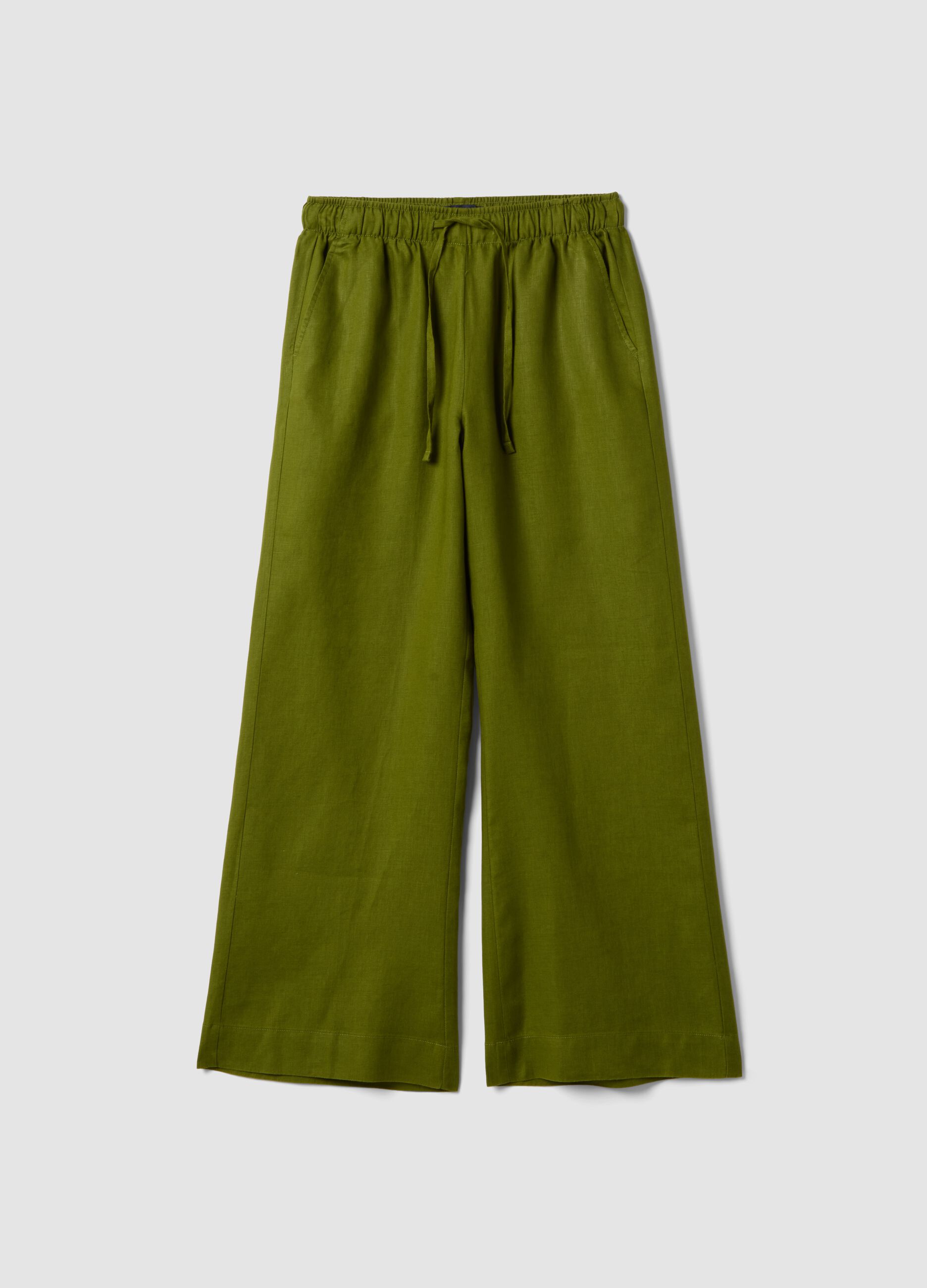 Green pure linen drawstring trousers, straight fit
