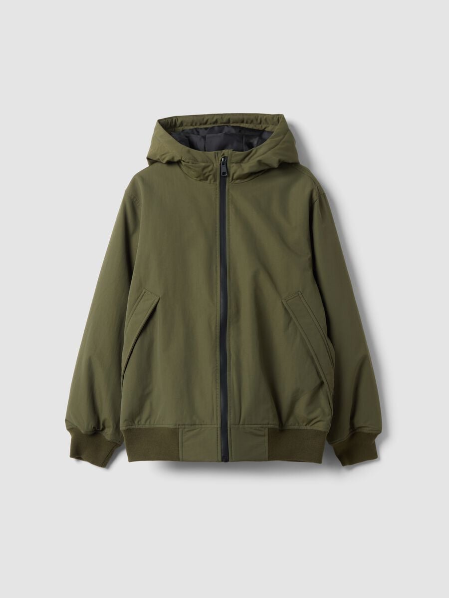 Green waterproof hooded bomber jacket with zip for boys_3
