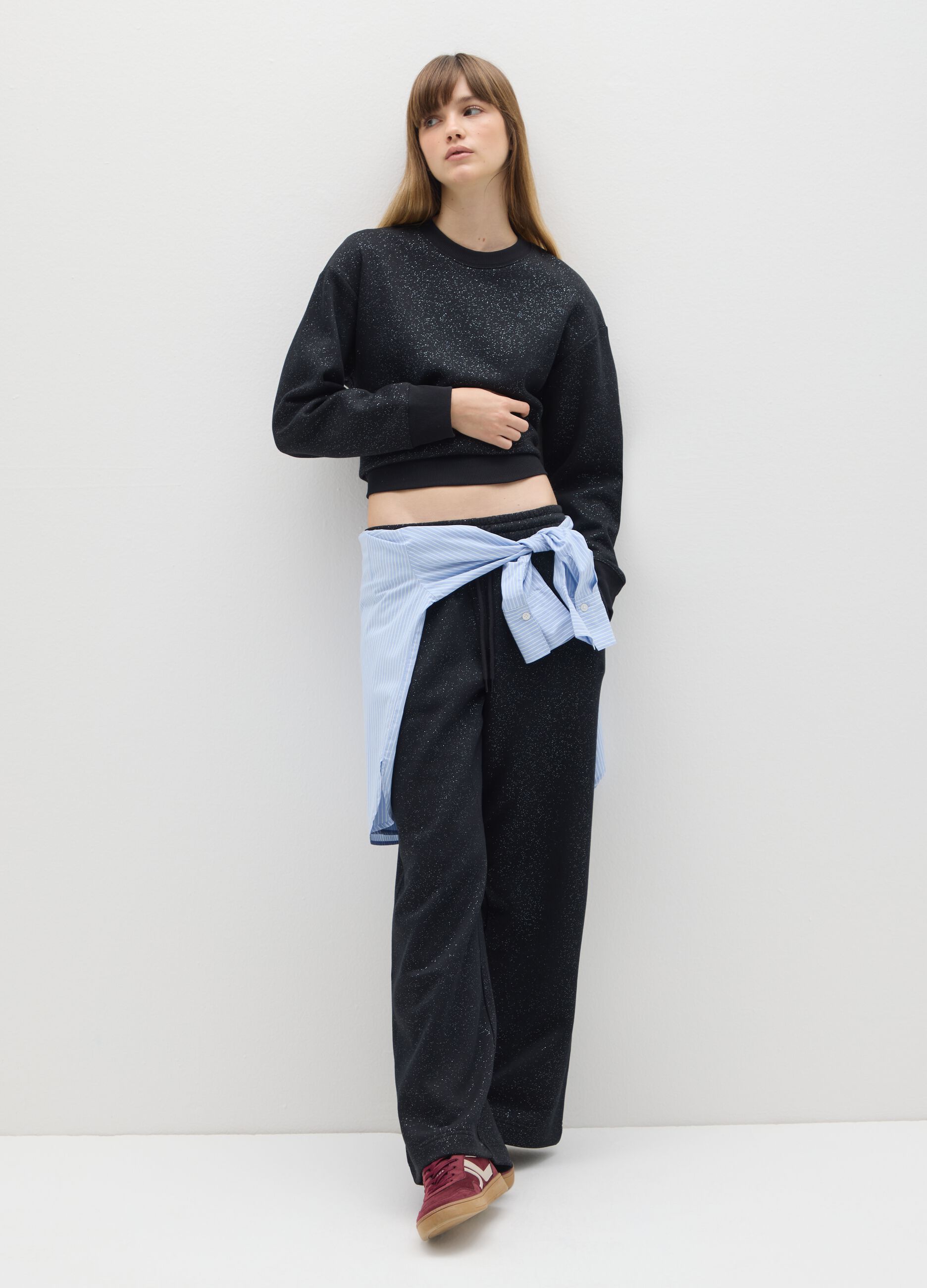 Black Wide-Leg Cotton Blend Trousers