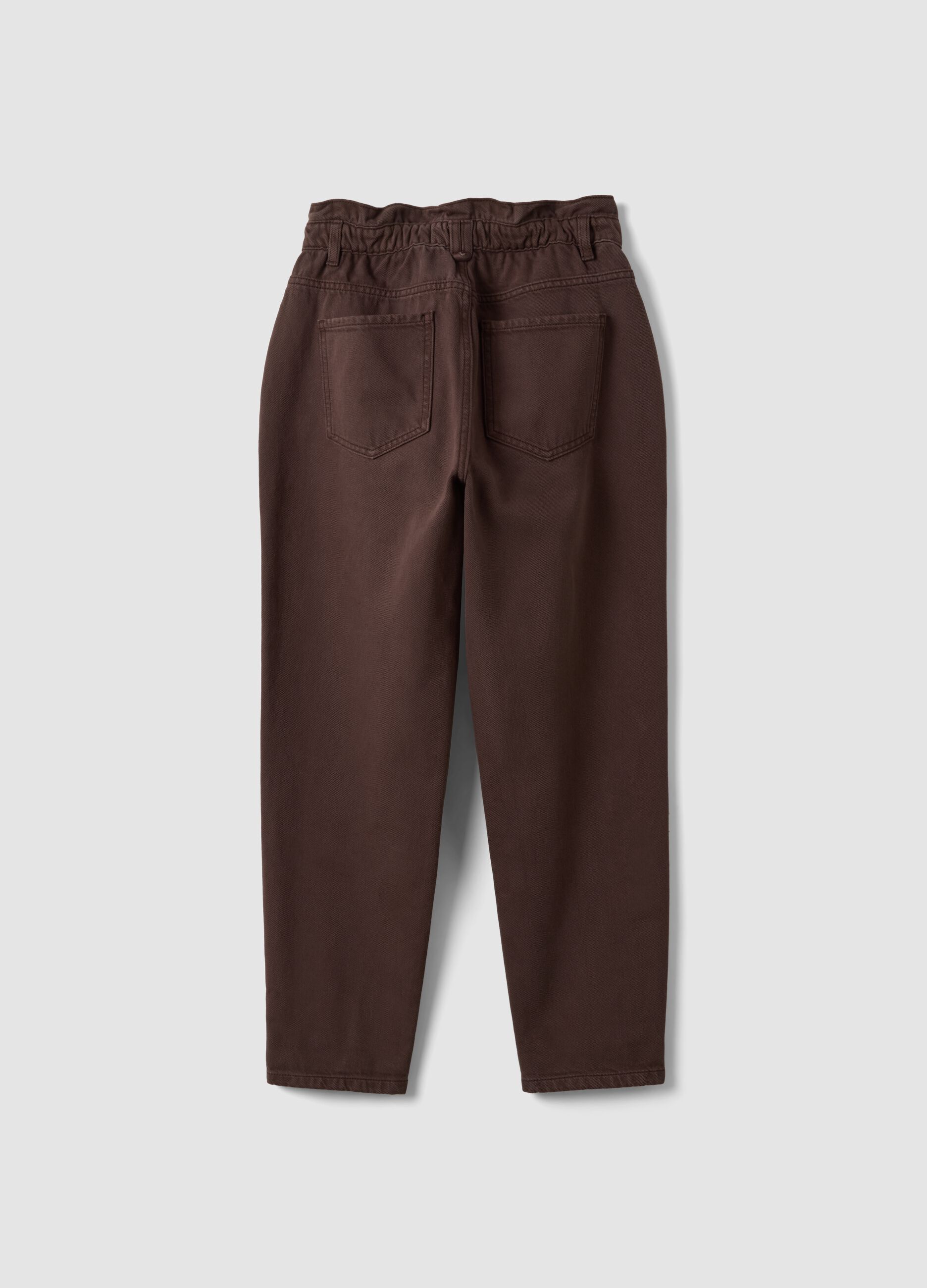 Brown baggy-fit pure cotton denim jeans with paperbag waist