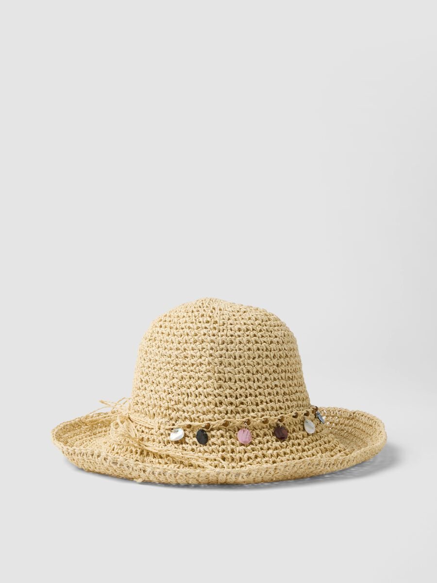 Cappello cloche beige in puro tessuto carta con pietre_0