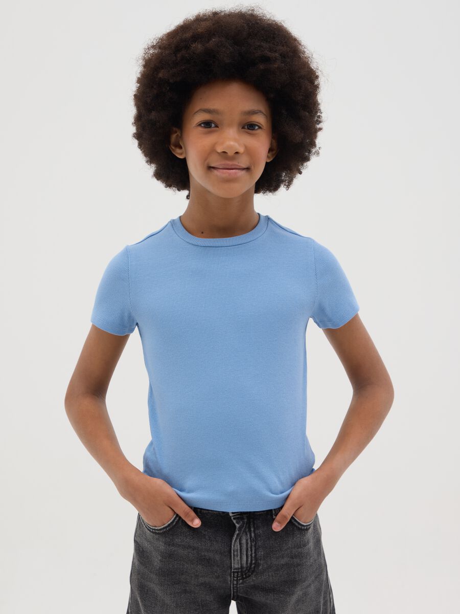 T-shirt da ragazza in cotone elasticizzato azzurro fitted_0