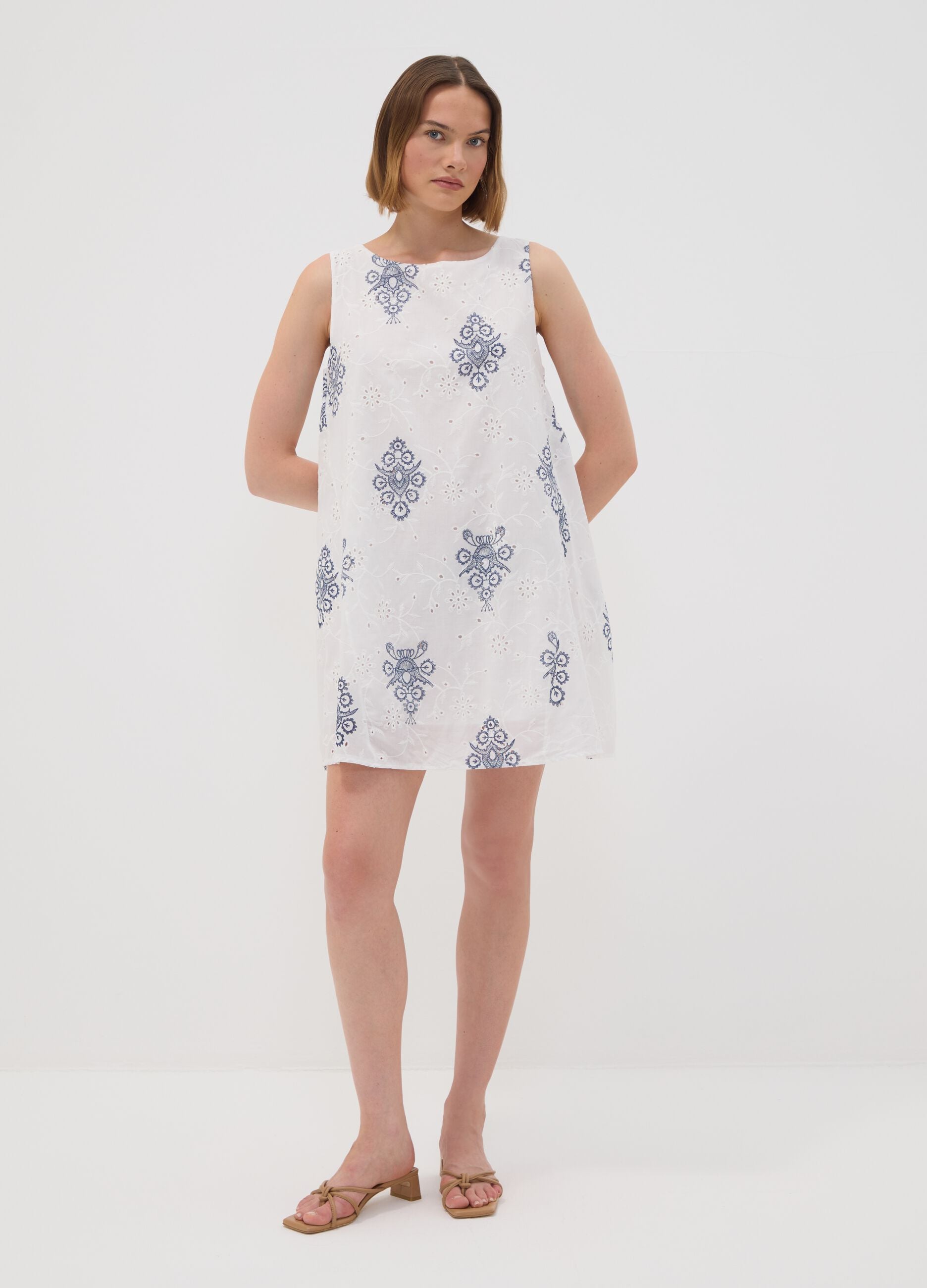 White broderie anglaise pure cotton dress with blue embroidery, regular fit