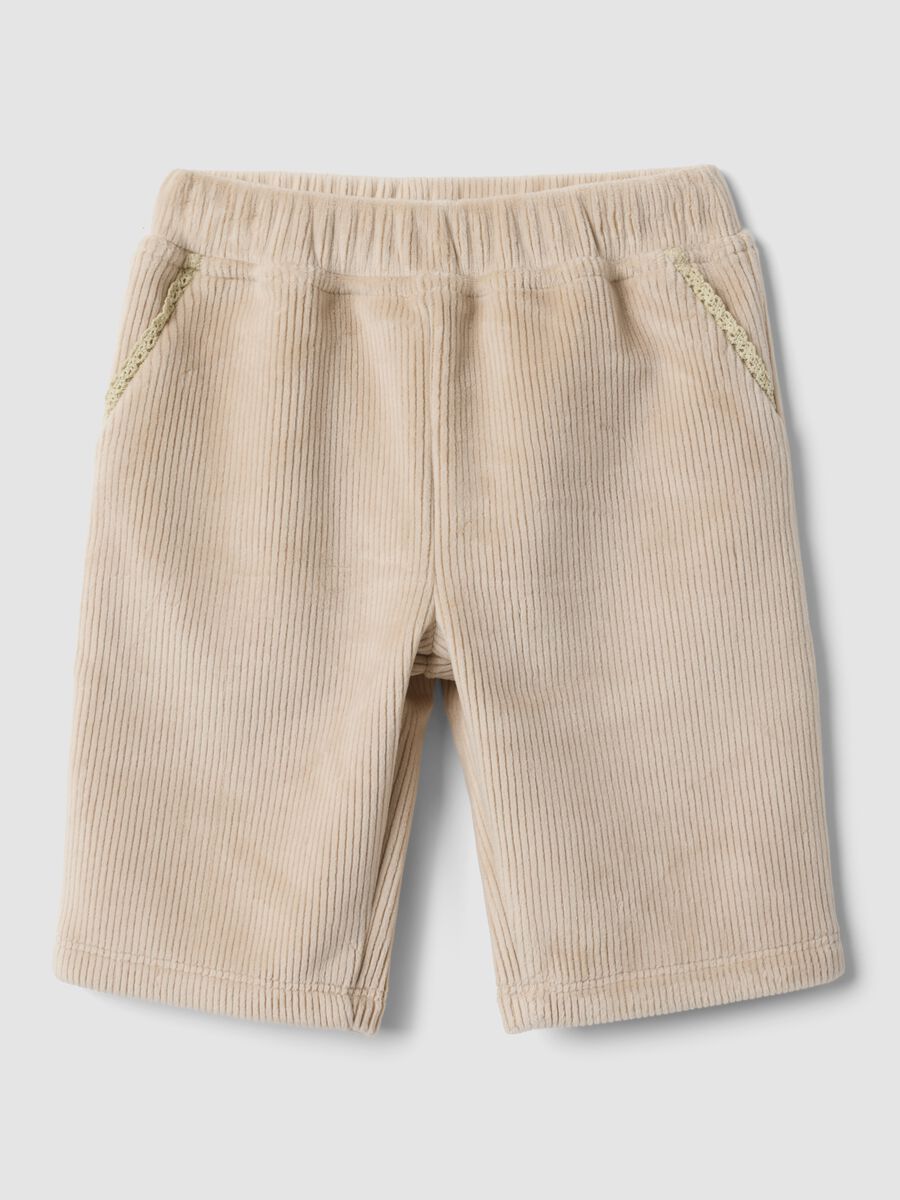 Pantaloni beige in tessuto elasticizzato a coste per neonata_0