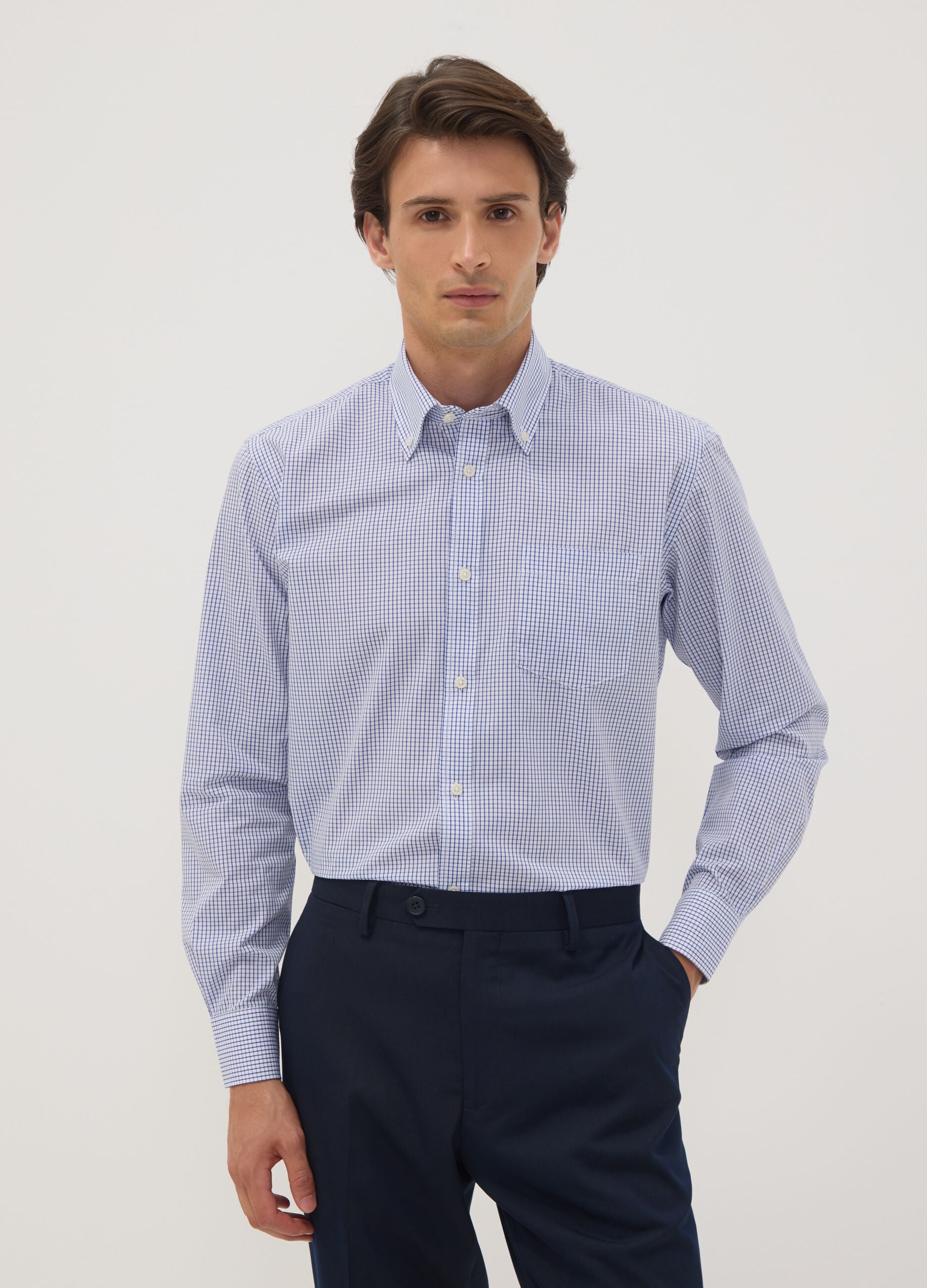 Light blue cotton-blend checked easy-iron regular-fit shirt