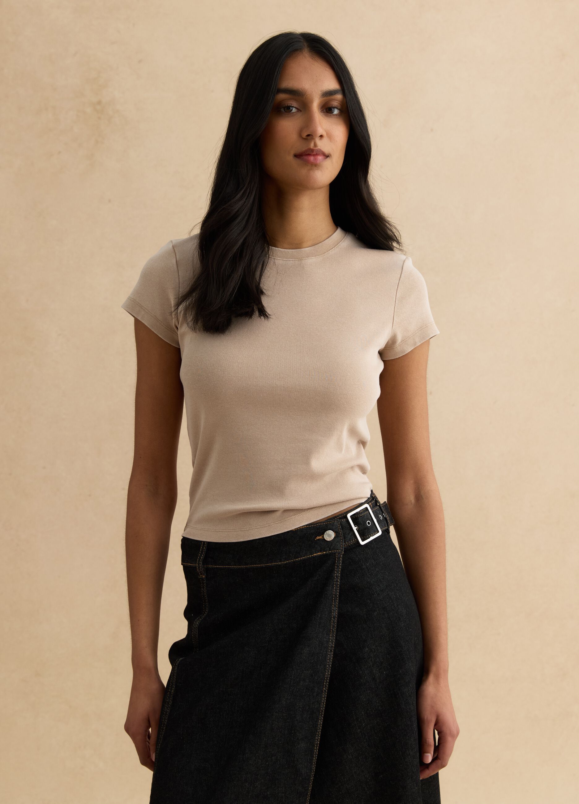 Beige stretch cotton fitted t-shirt