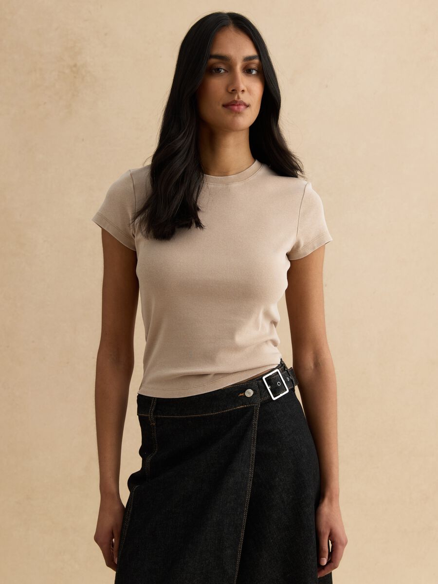 Beige stretch cotton fitted t-shirt_1