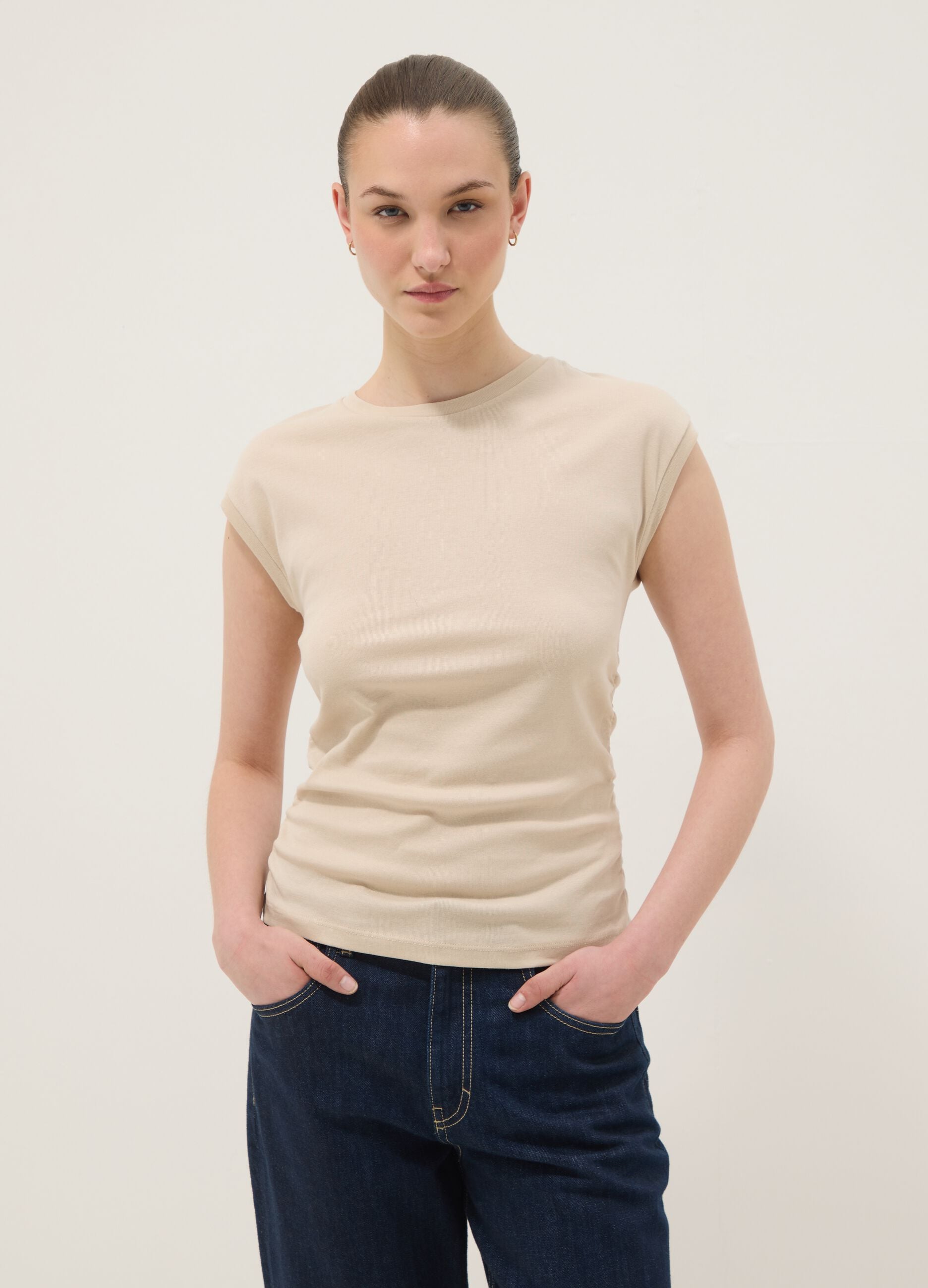 Beige pure cotton tank top with side ruching, regular fit