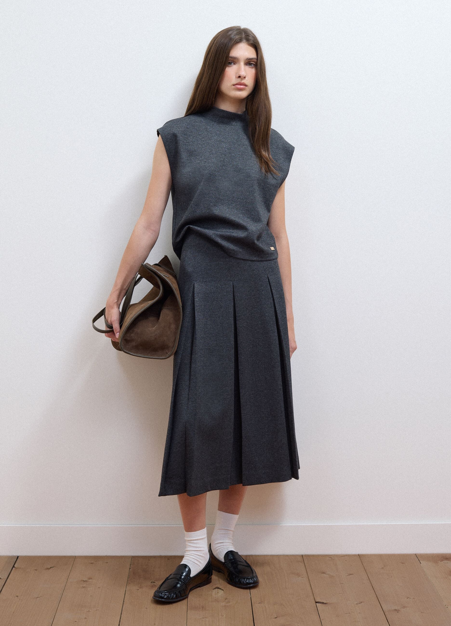 Long grey stretch-viscose skirt, regular fit