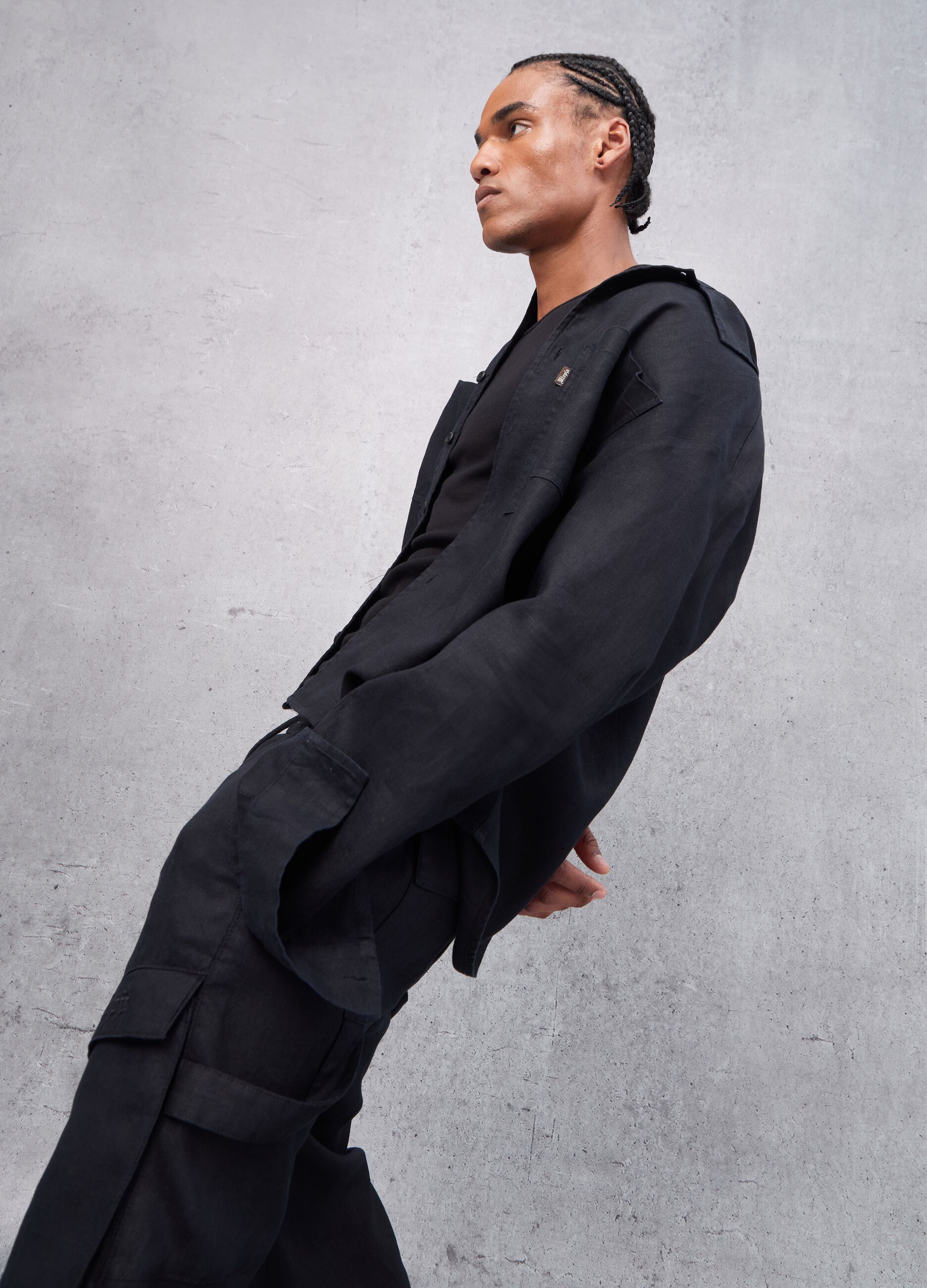 100% Linen Cargo Shirt Black
