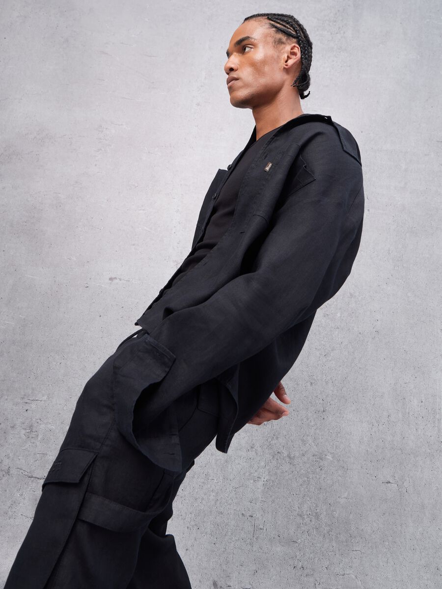100% Linen Cargo Shirt Black_2