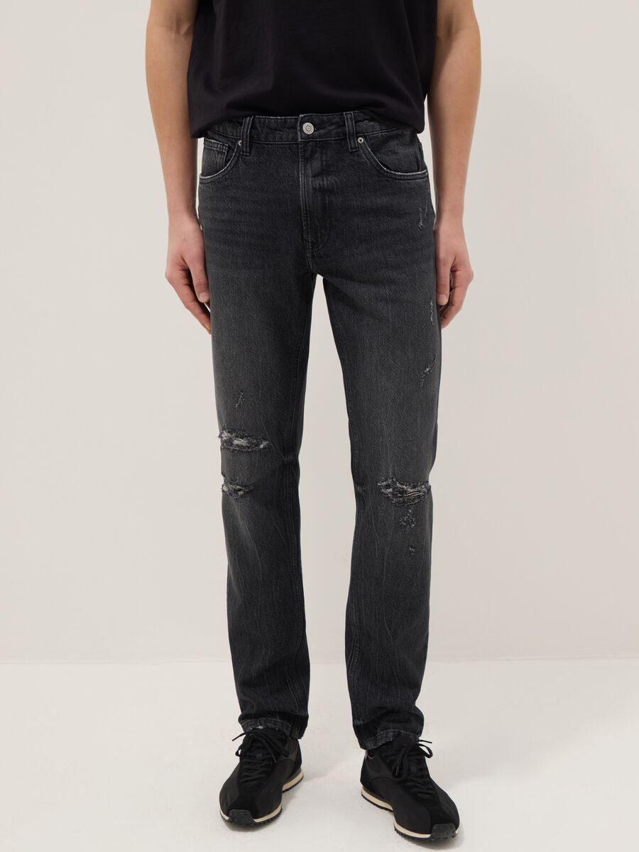 Black Pure Cotton Slim Fit Distressed Jeans_1