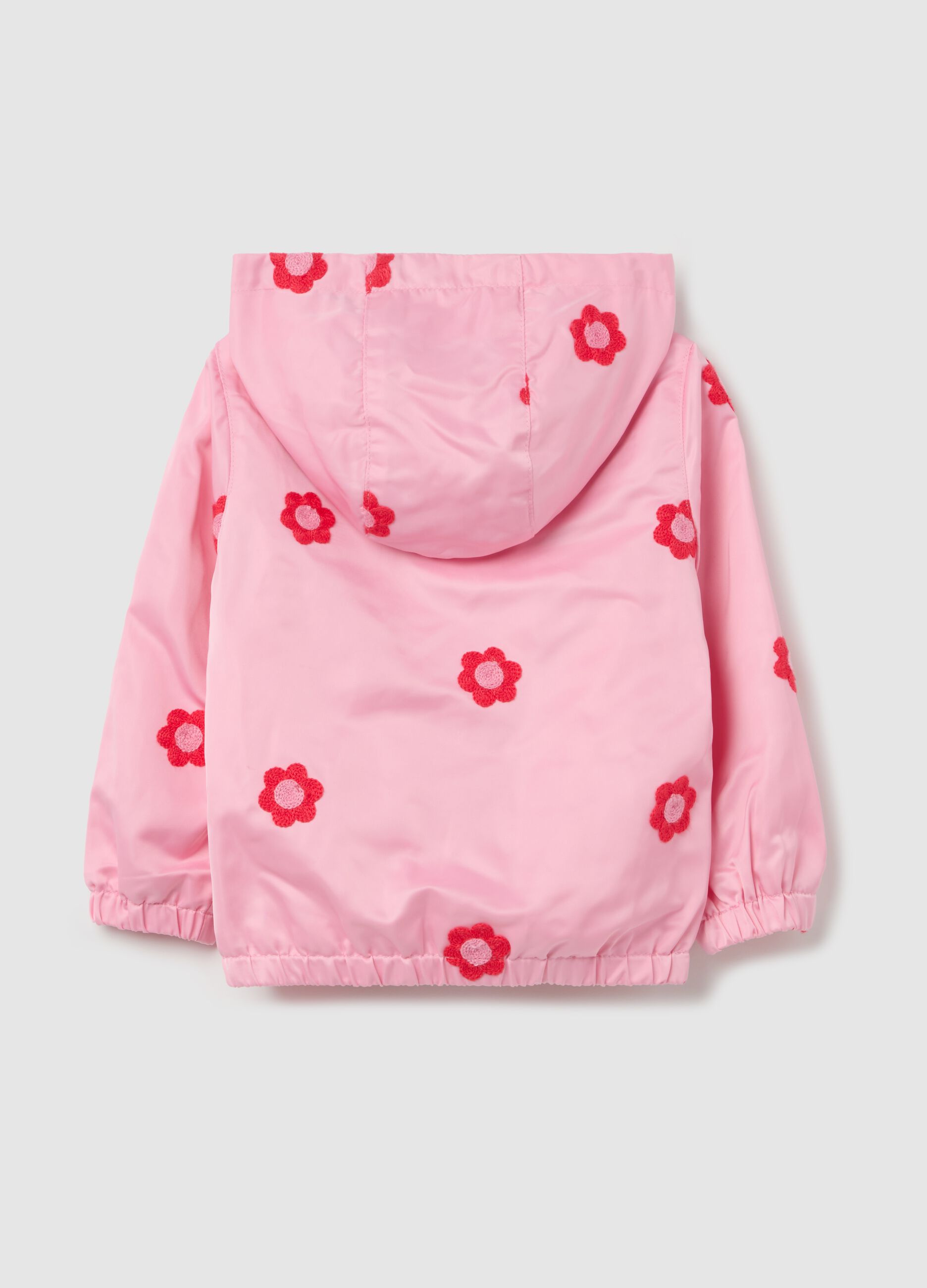 Giacca impermeabile con cappuccio ricamo fiori 