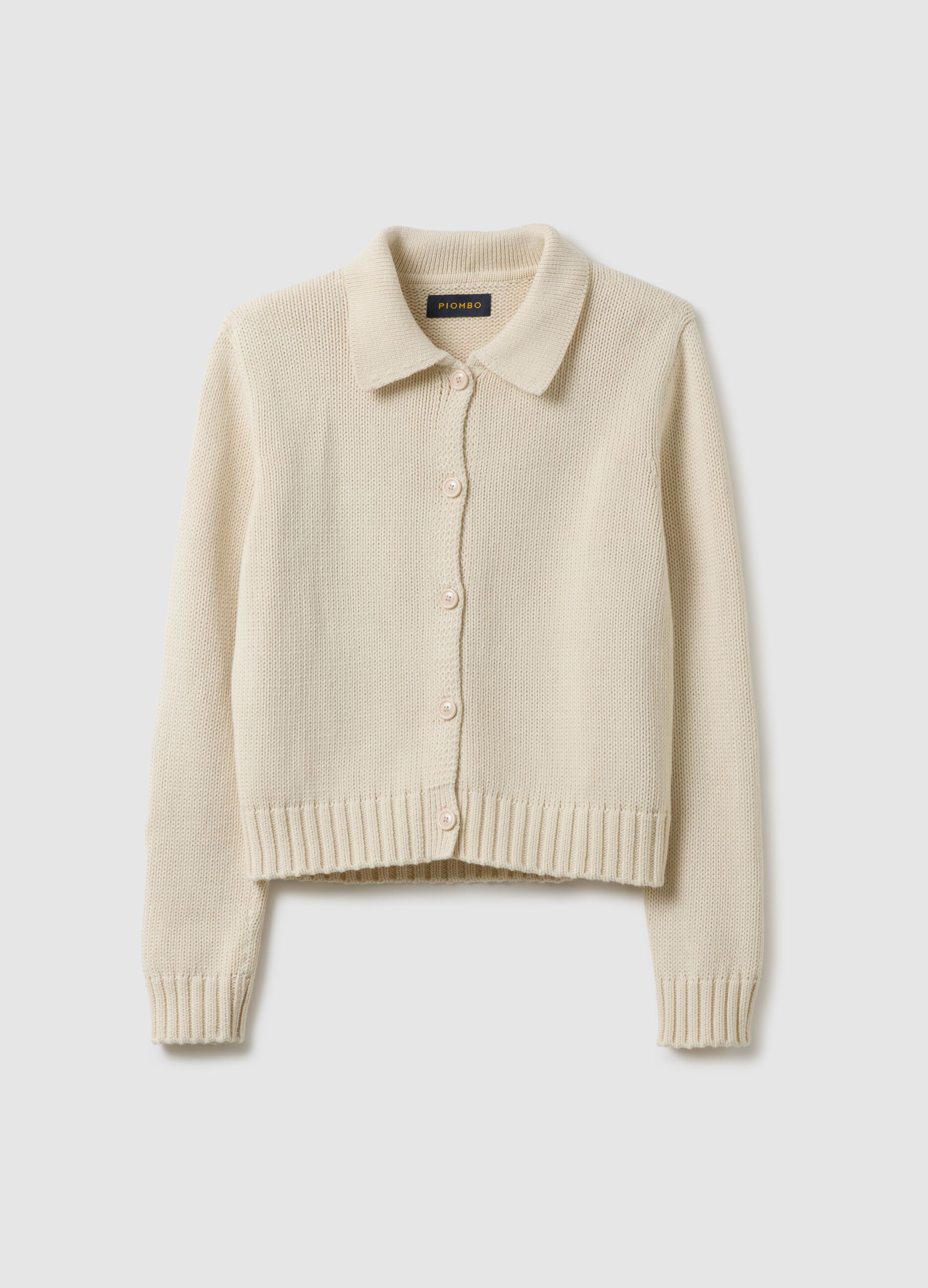 Beige pure cotton regular fit cardigan with polo collar