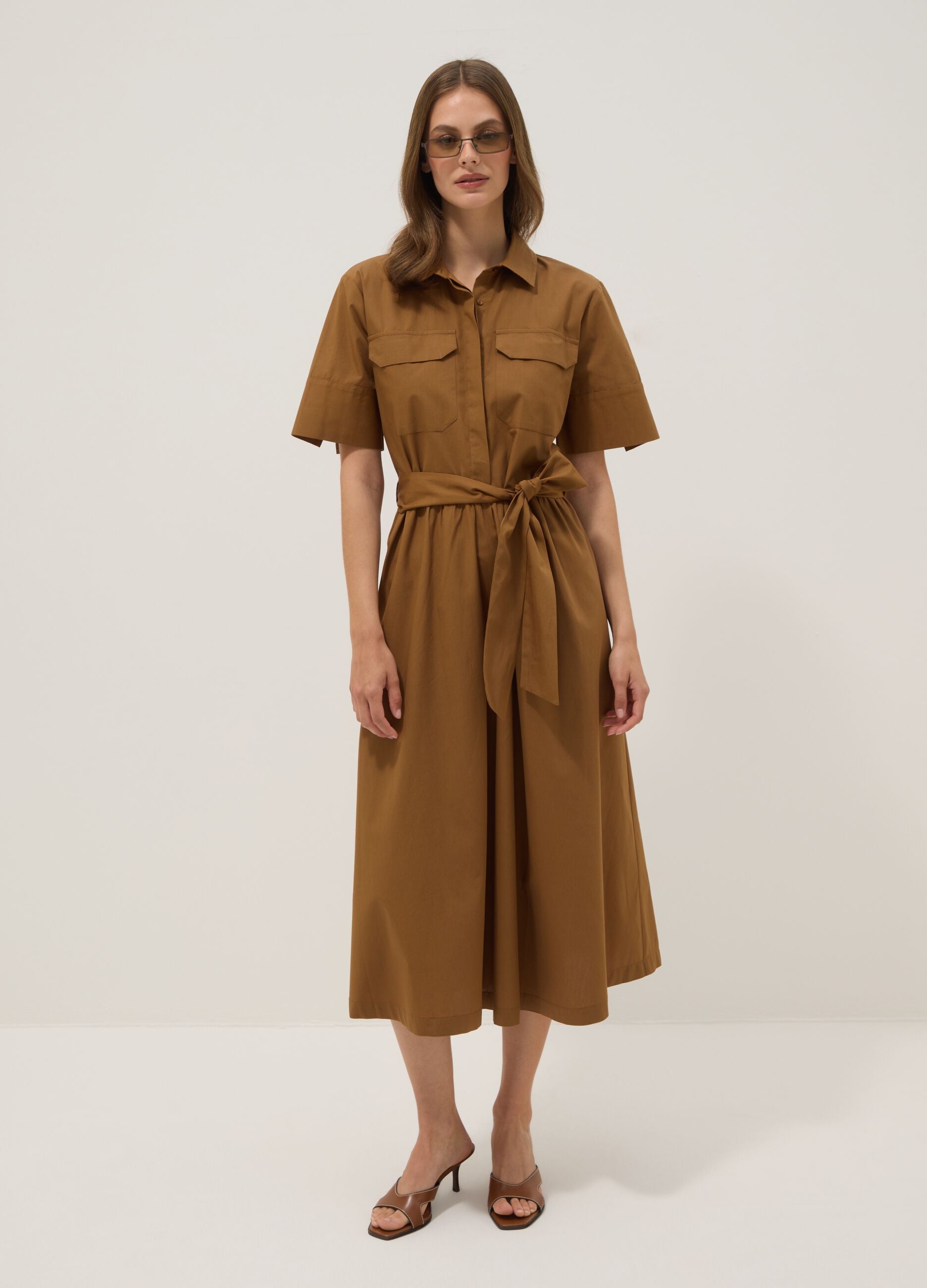 Brown pure cotton shirt dress, regular fit