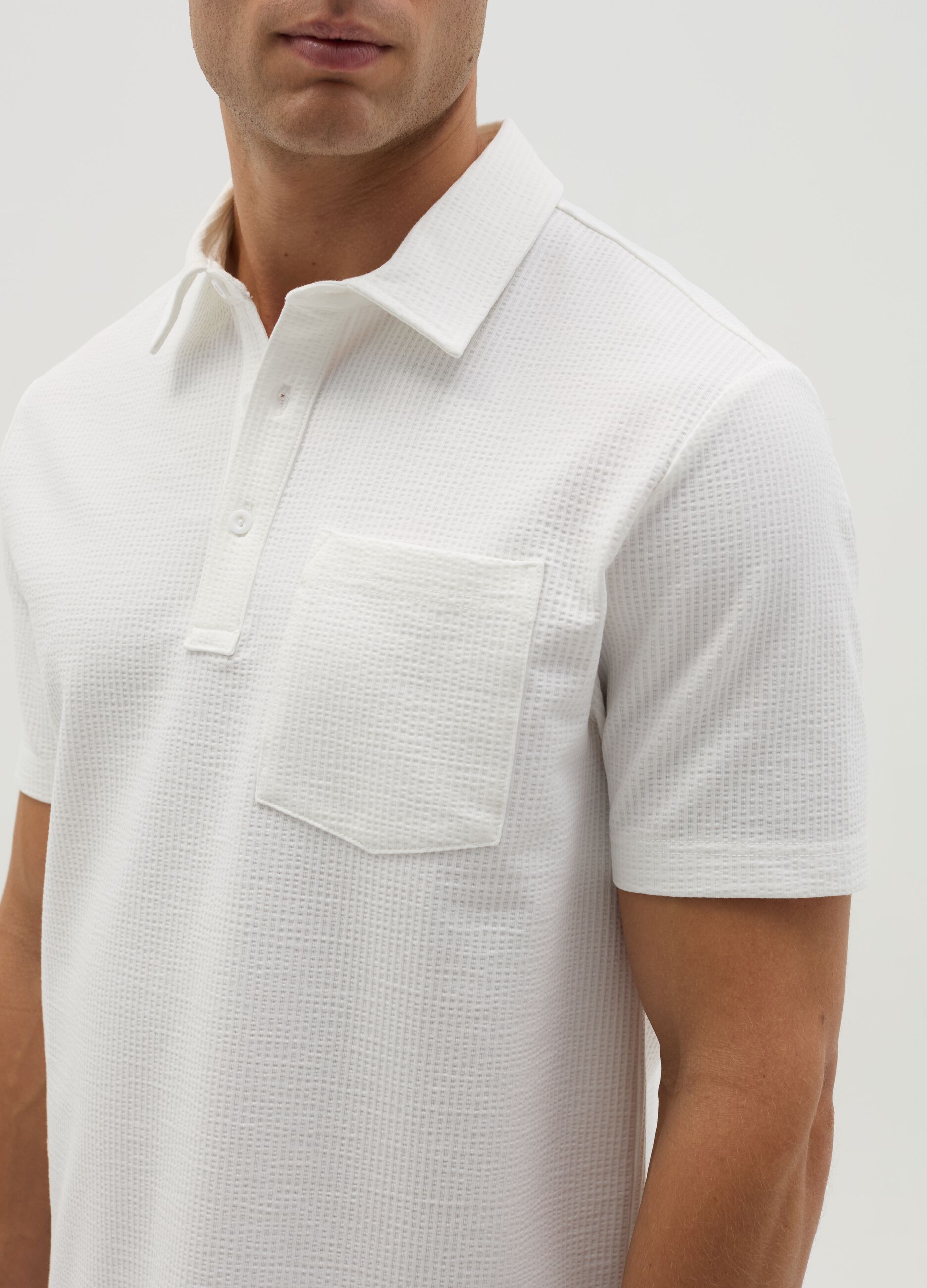 Waffle weave cotton polo shirt with pocket