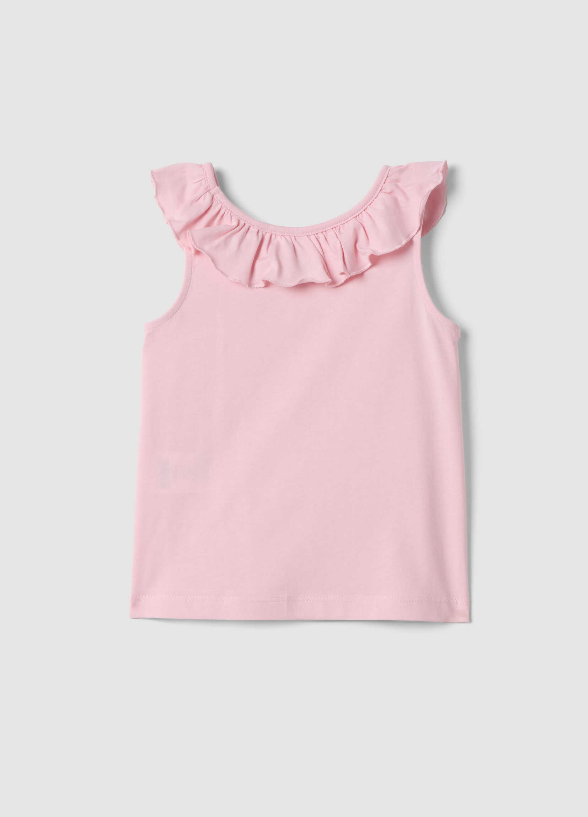 Pink pure cotton regular-fit girls&rsquo; tank top with frills