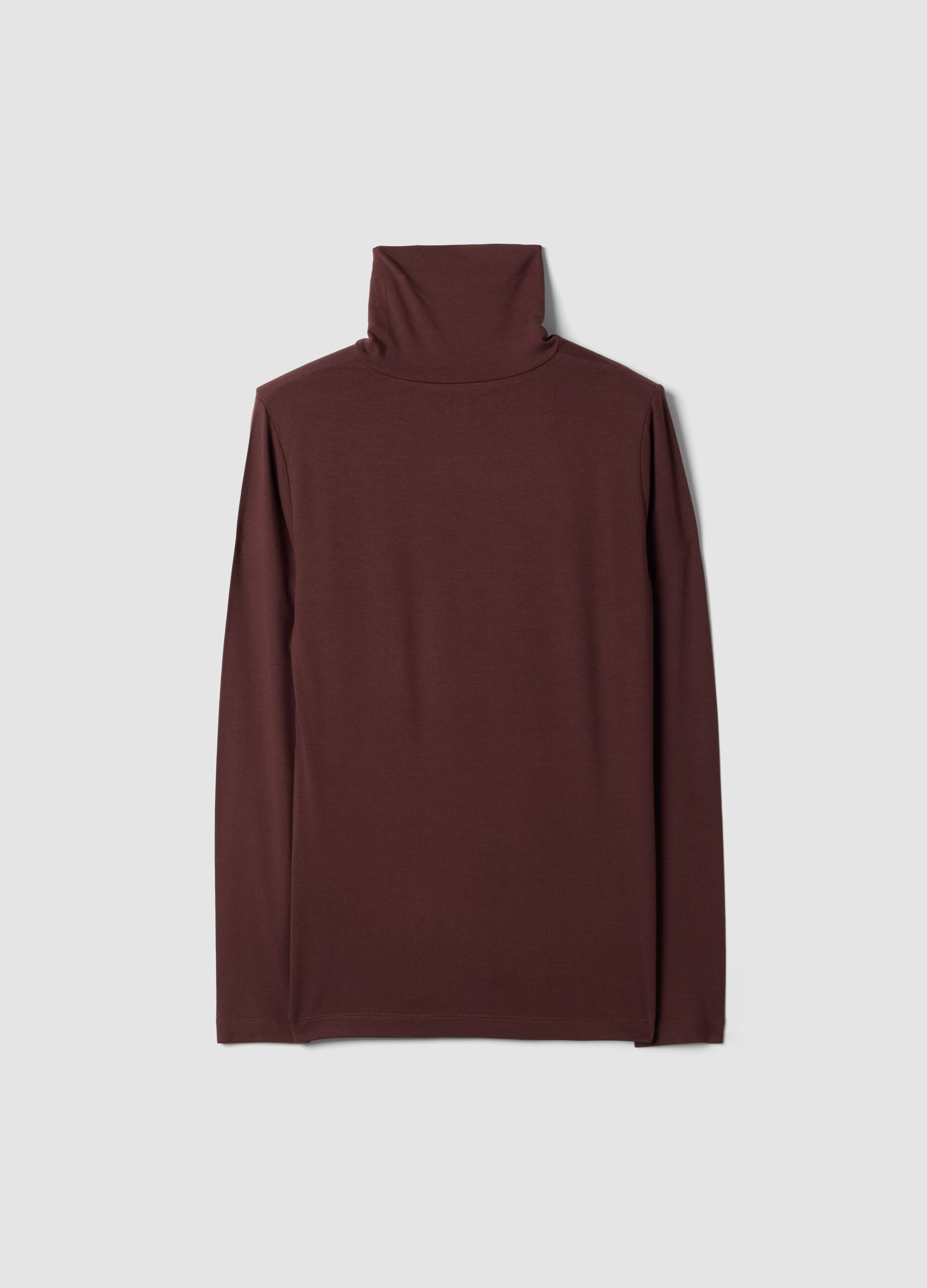 Brown stretch viscose top with high neck, regular fit