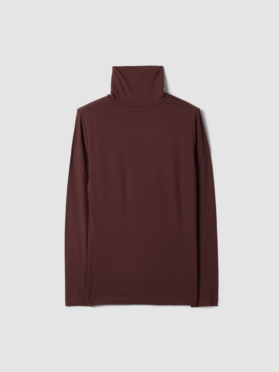 Brown stretch viscose top with high neck, regular fit_1