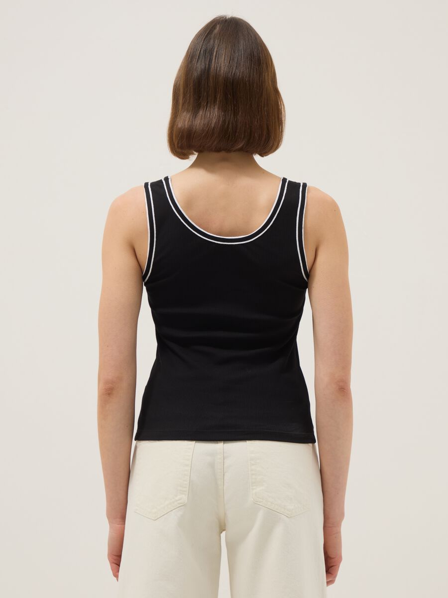 Black stretchy cotton regular fit tank top with trim_3