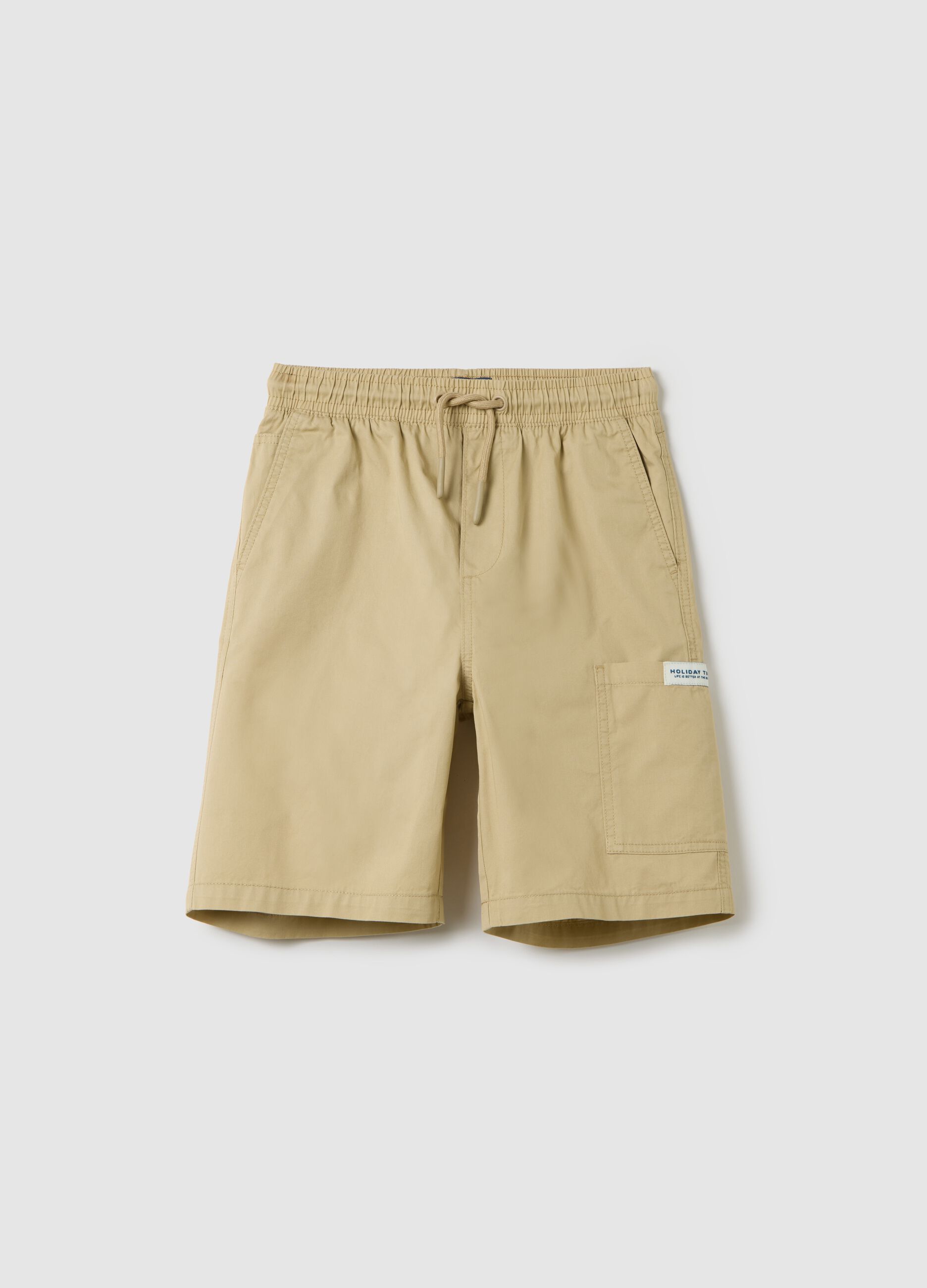 Shorts da ragazzo in puro cotone beige regular fit con coulisse