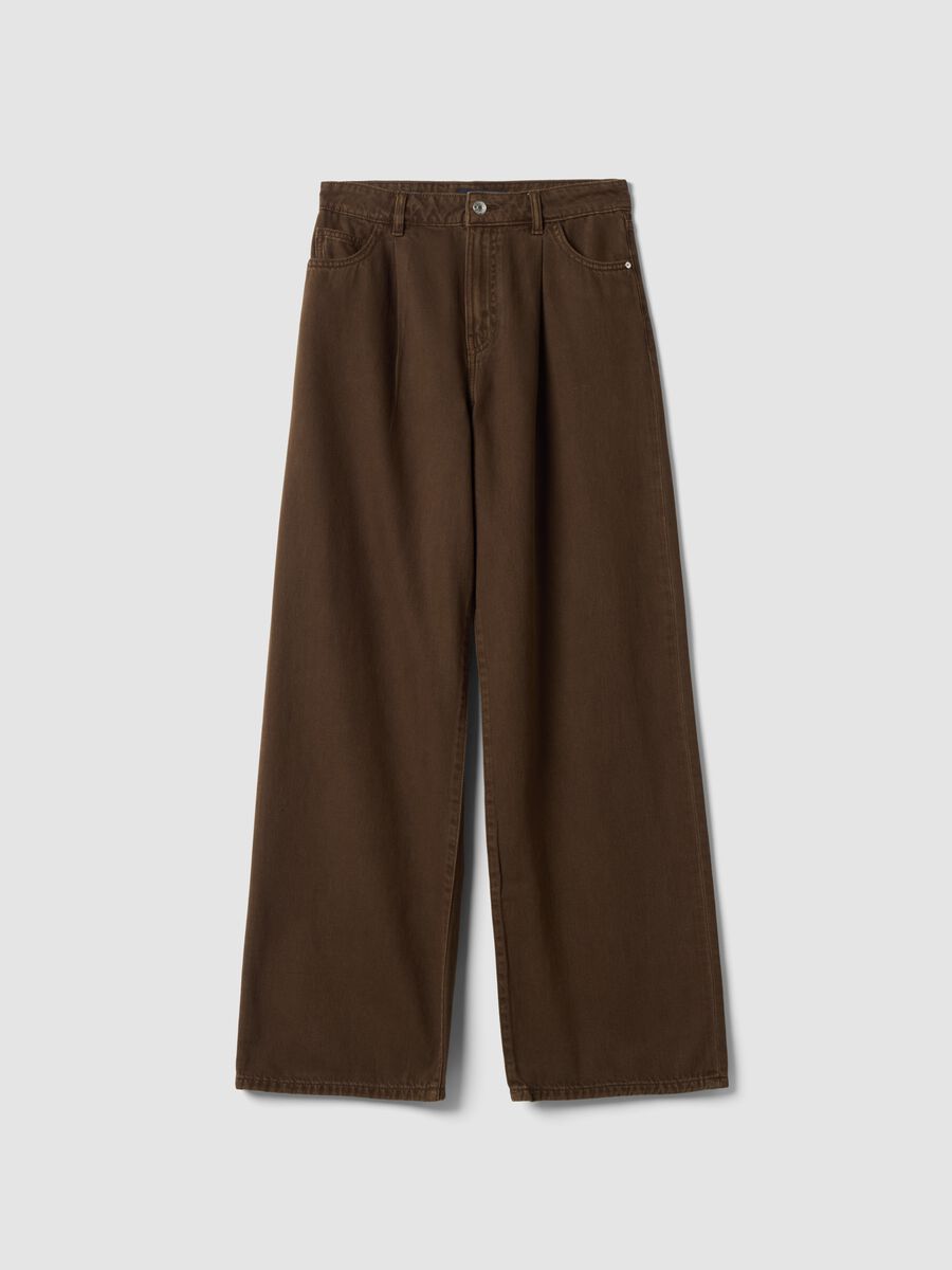 High-waisted wide-leg brown jeans in pure cotton_0