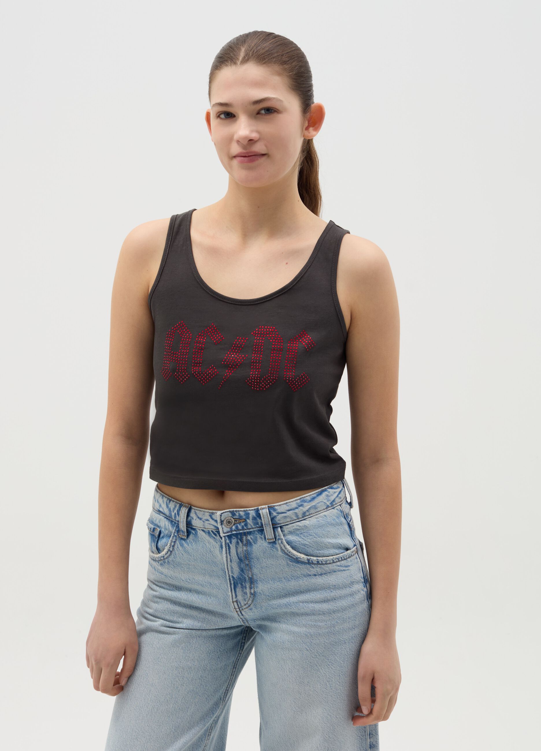 Tank top with AC/DC logo in diamantés