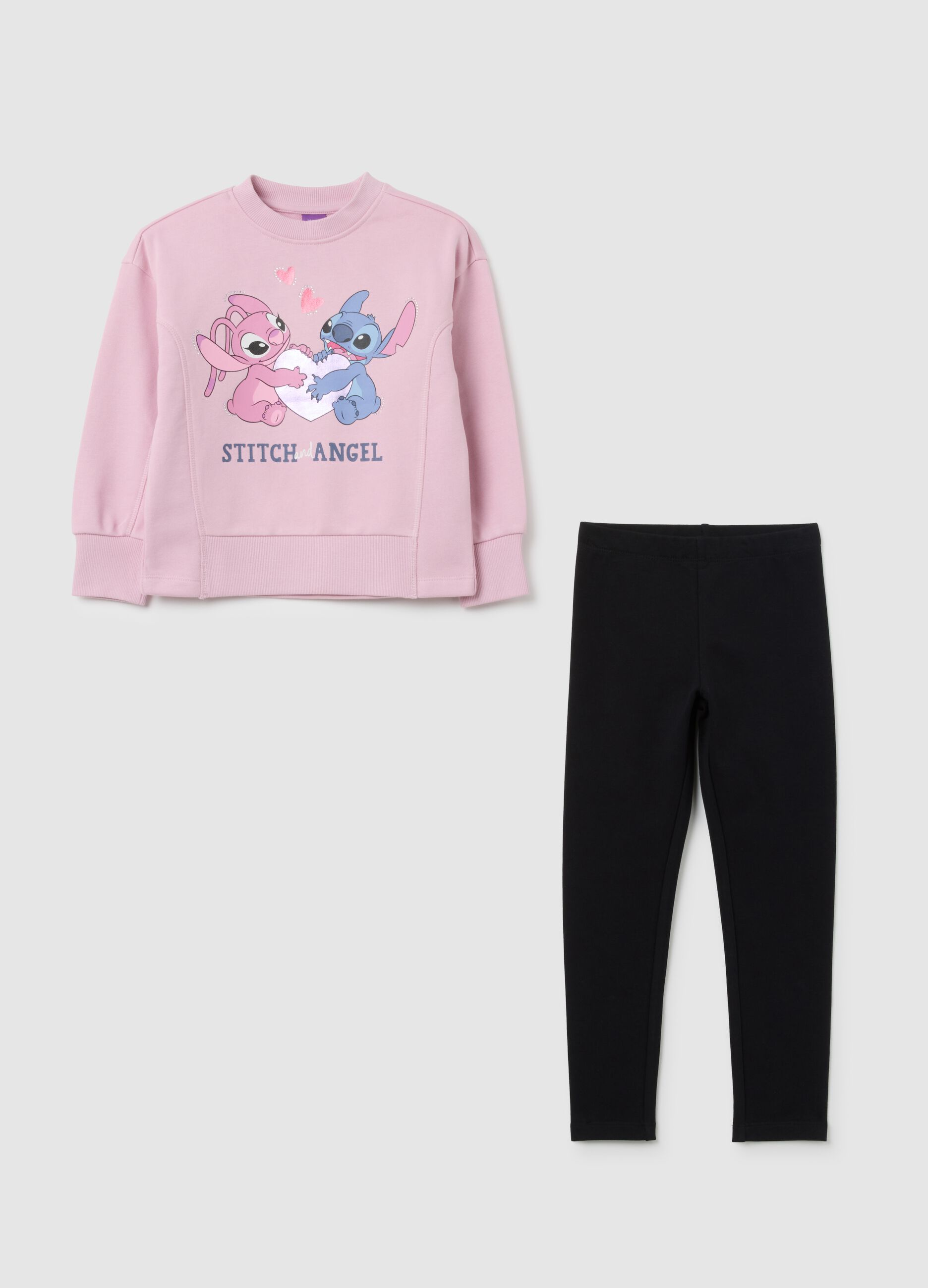 Pink cotton girl's outfit with black Stitch print leggings