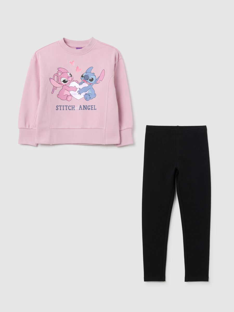 Completo da bambina in cotone rosa con leggings neri con stampa Stitch_0