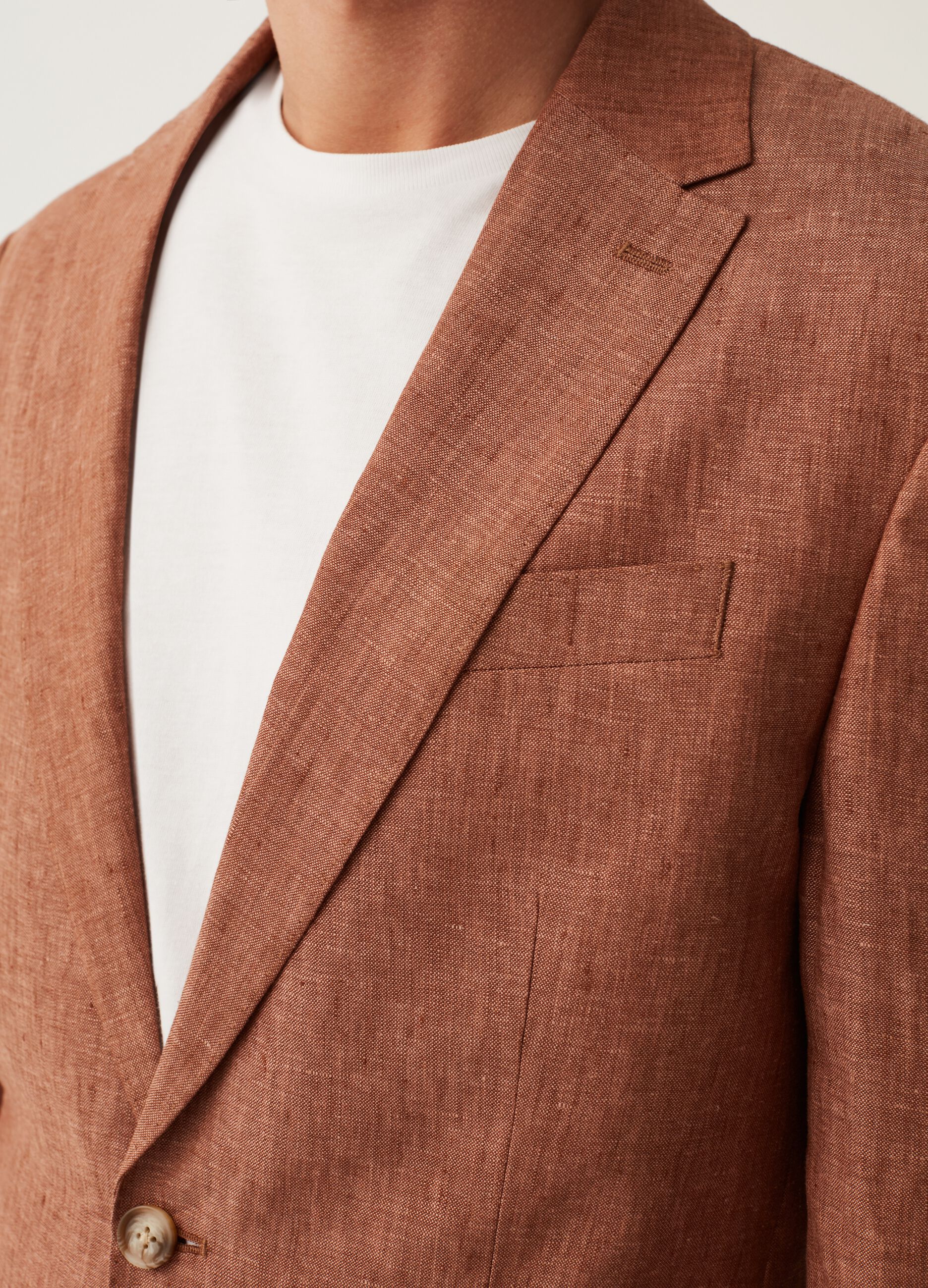 Blazer slim fit in lino tinto filo tabacco_3