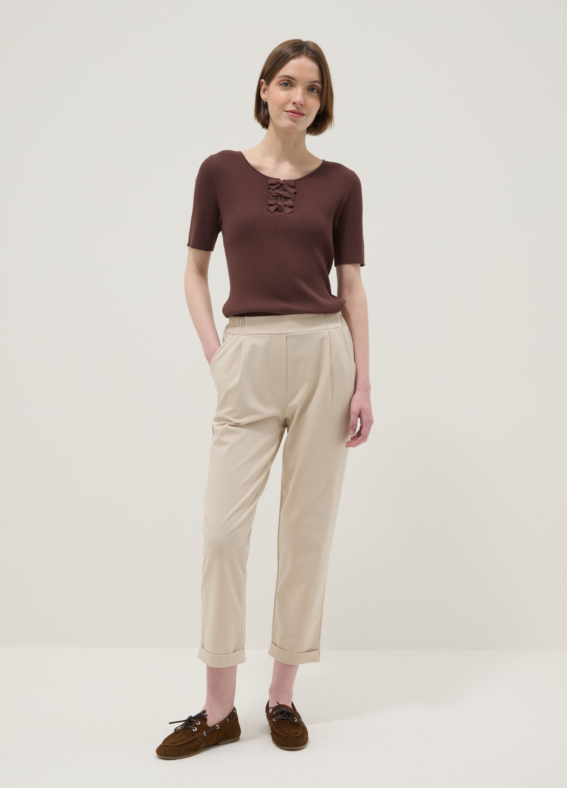 Beige Stretch Cotton Blend Regular Fit Trousers