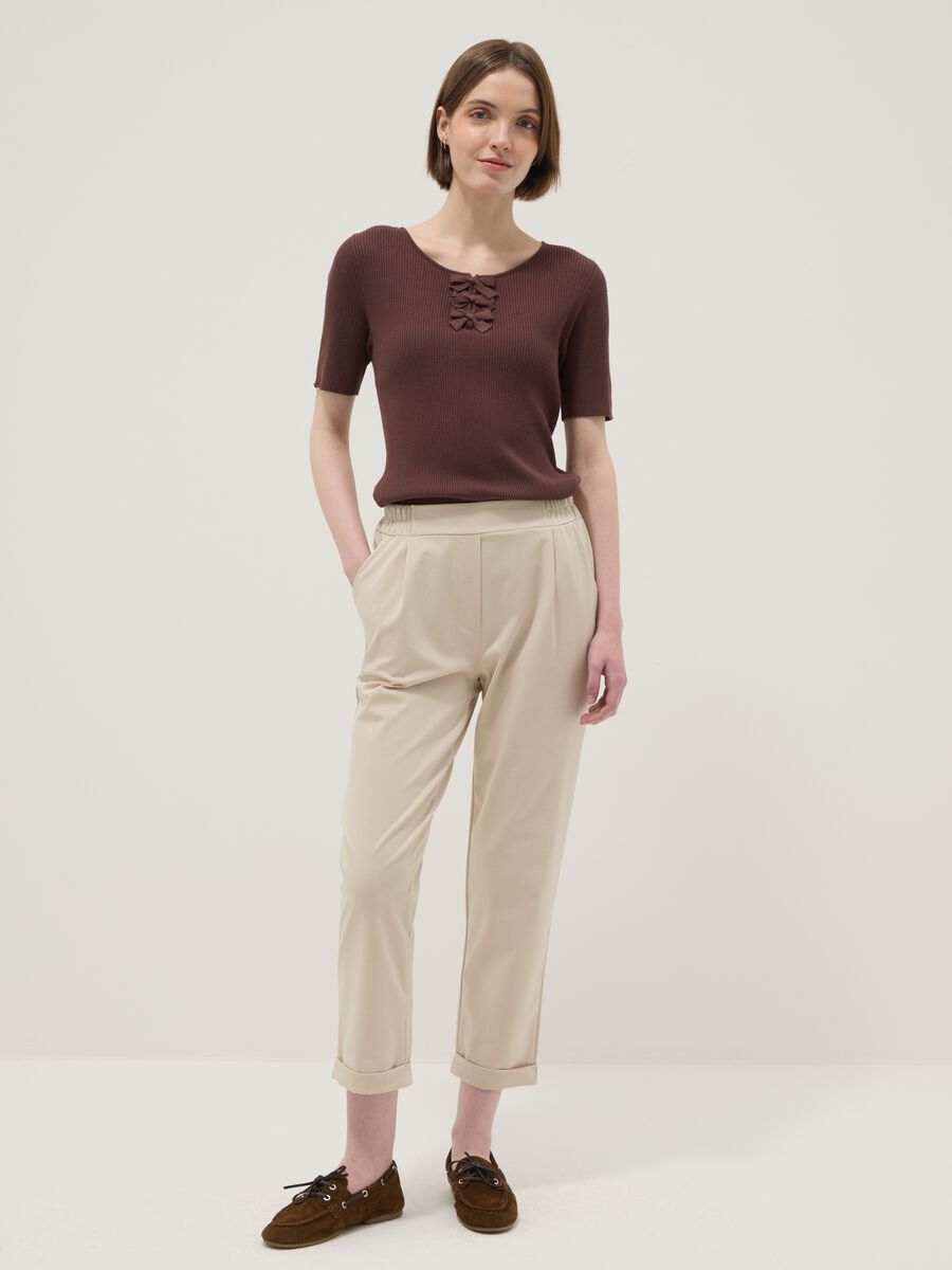 Beige Stretch Cotton Blend Regular Fit Trousers_0