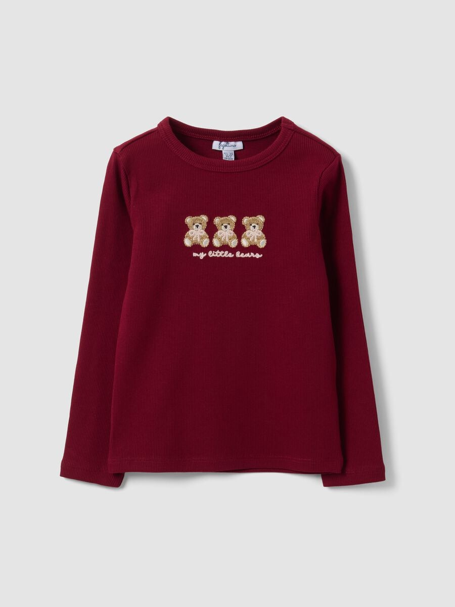 T-shirt rossa in cotone organico elasticizzato a girocollo con ricami orsetti_0