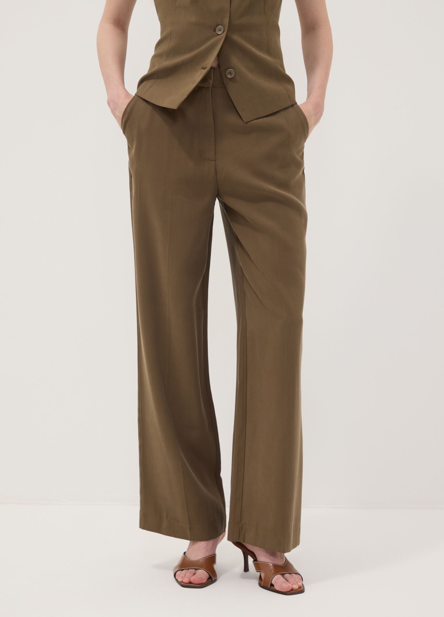 Green viscose-blend straight-leg trousers