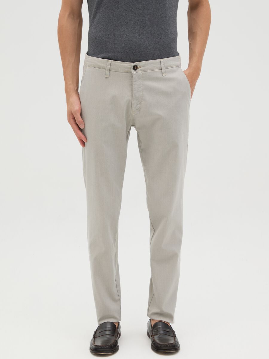 Men's Beige Stretch Cotton Slim Fit Trousers_1
