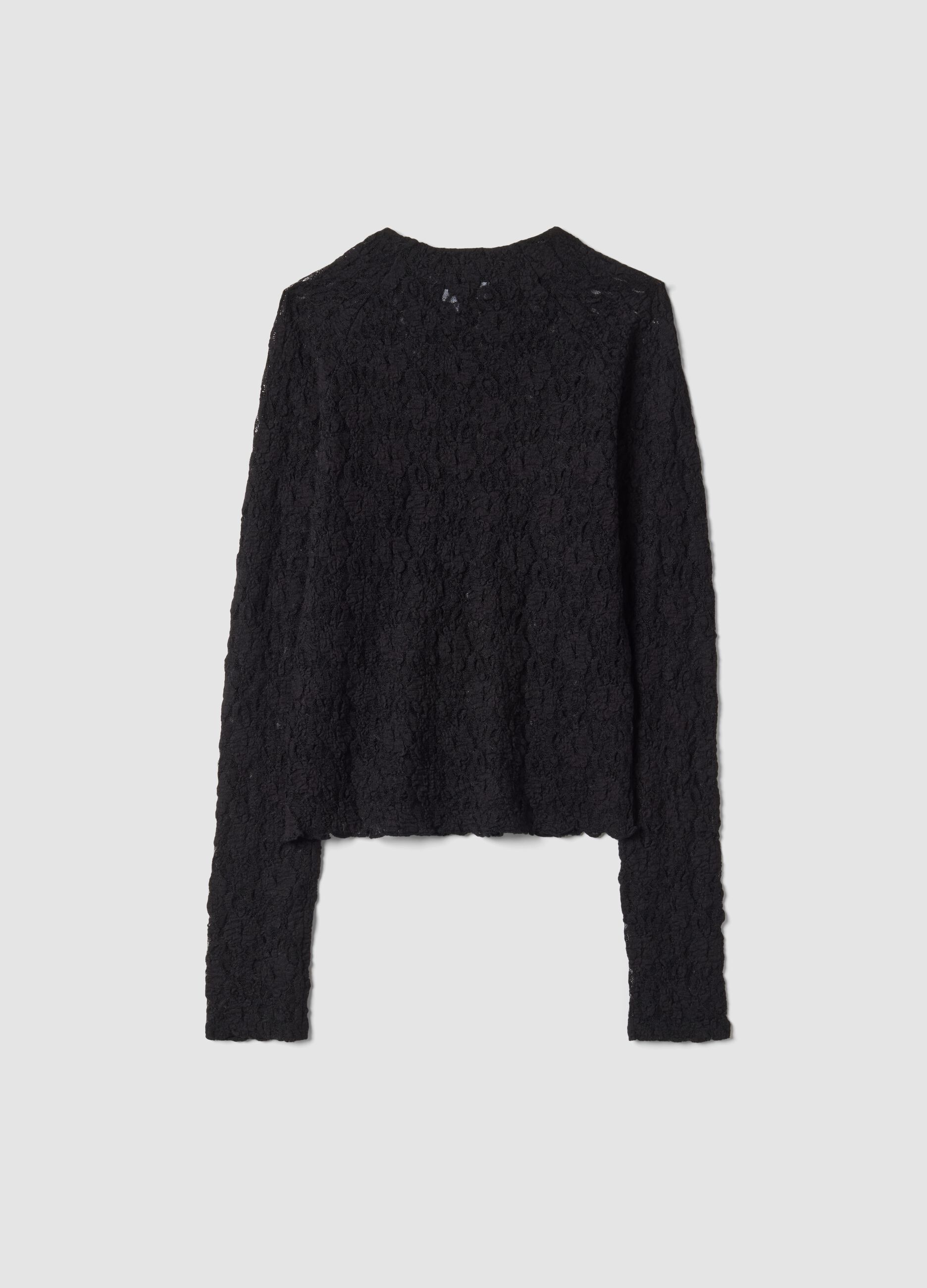 Black stretch openwork T-shirt with raised collar