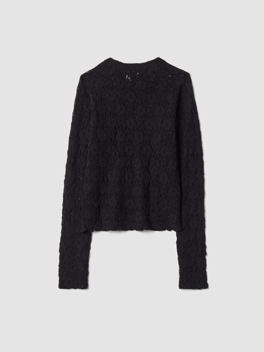 T-shirt nera in tessuto elasticizzato traforato con colletto rialzato_2