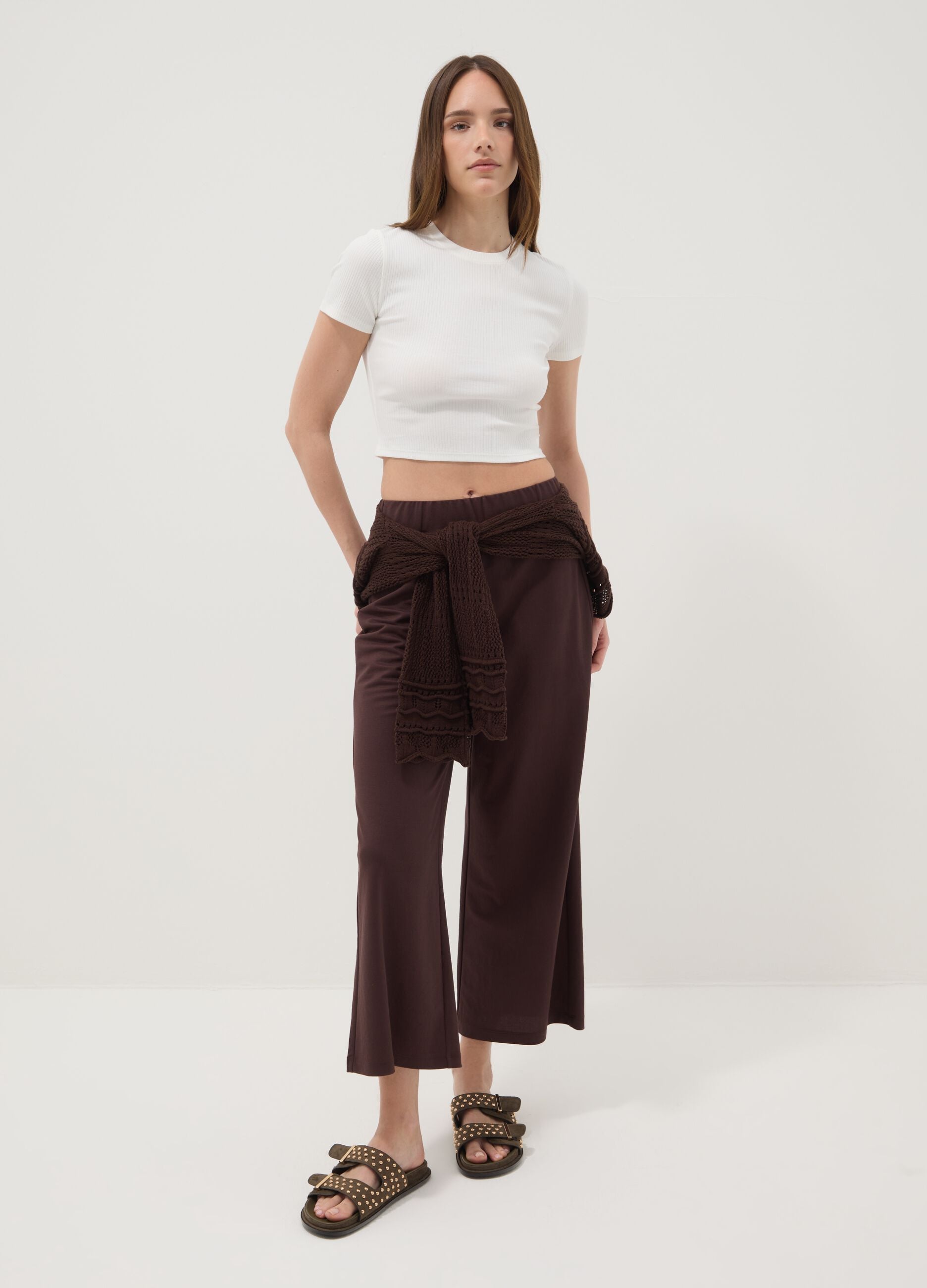 Pantaloni culotte marroni in misto viscosa