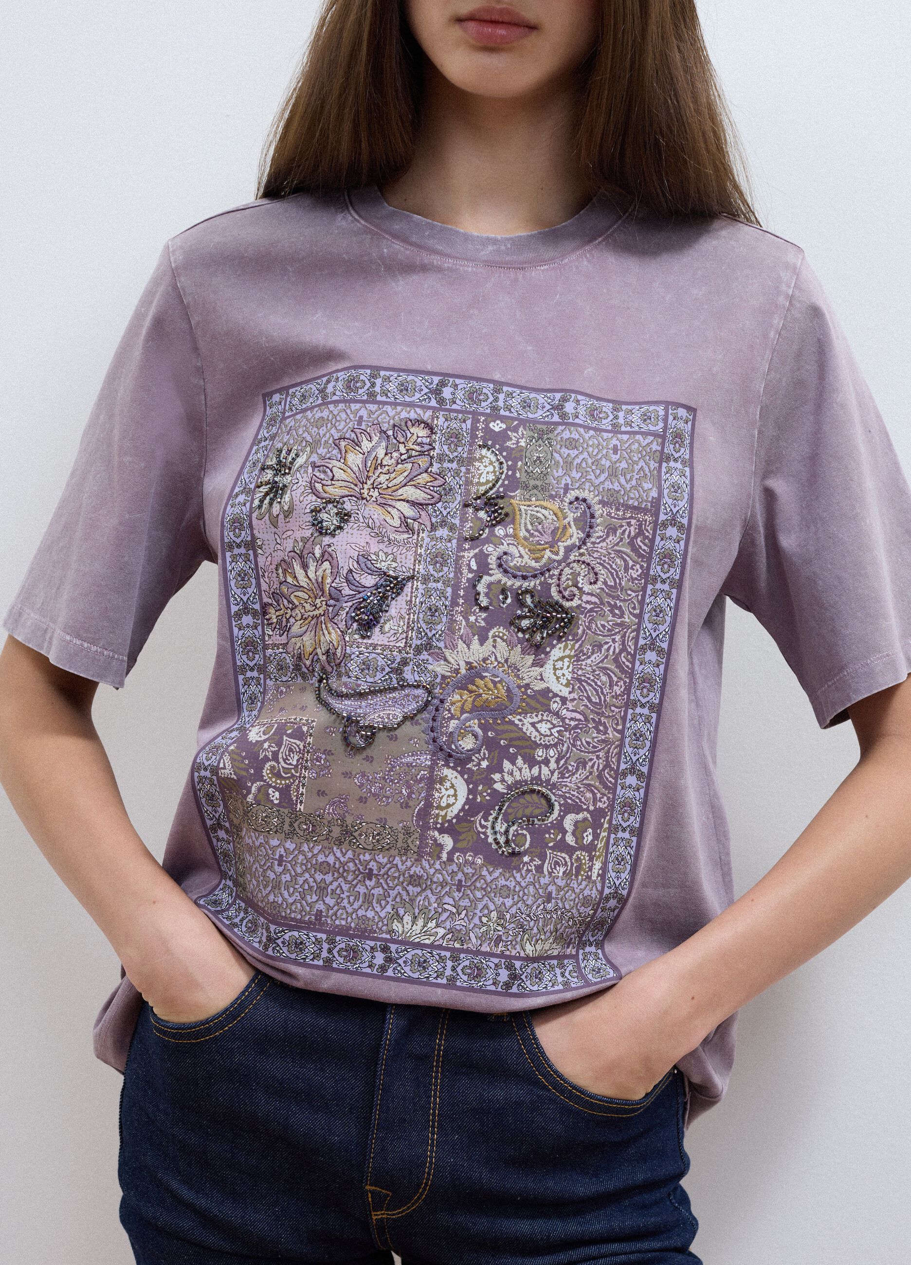 Purple pure cotton T-shirt with floral print, relaxed fit