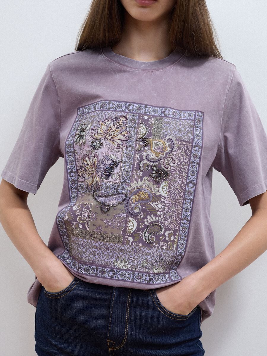 Purple pure cotton T-shirt with floral print, relaxed fit_2